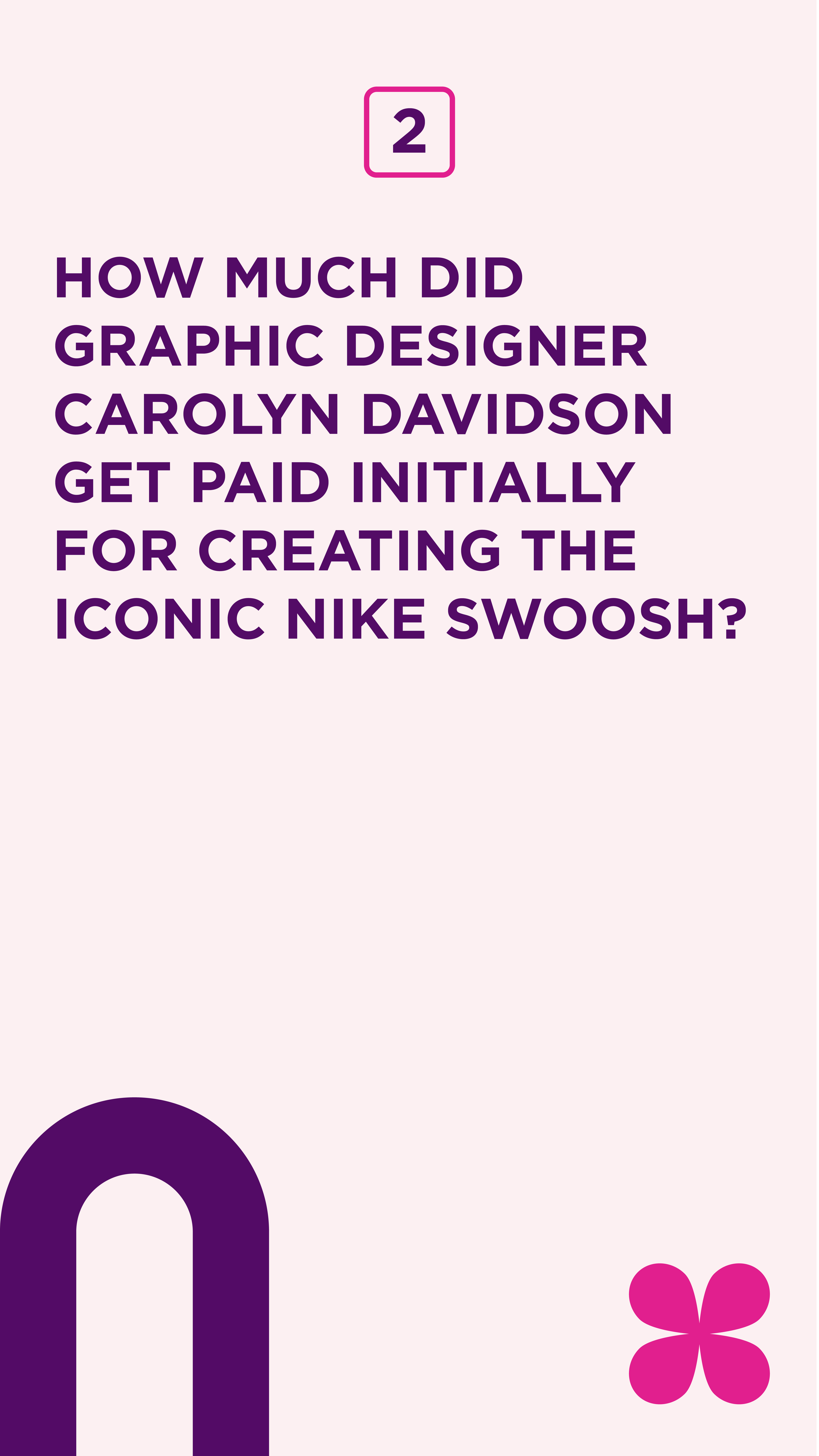 Question about how graphic designer Carolyn Davidson was paid initially for creating the Nike Swoosh logo, with a pink background, purple text, a small purple icon resembling an arch, and a pink flower symbol at the bottom right.