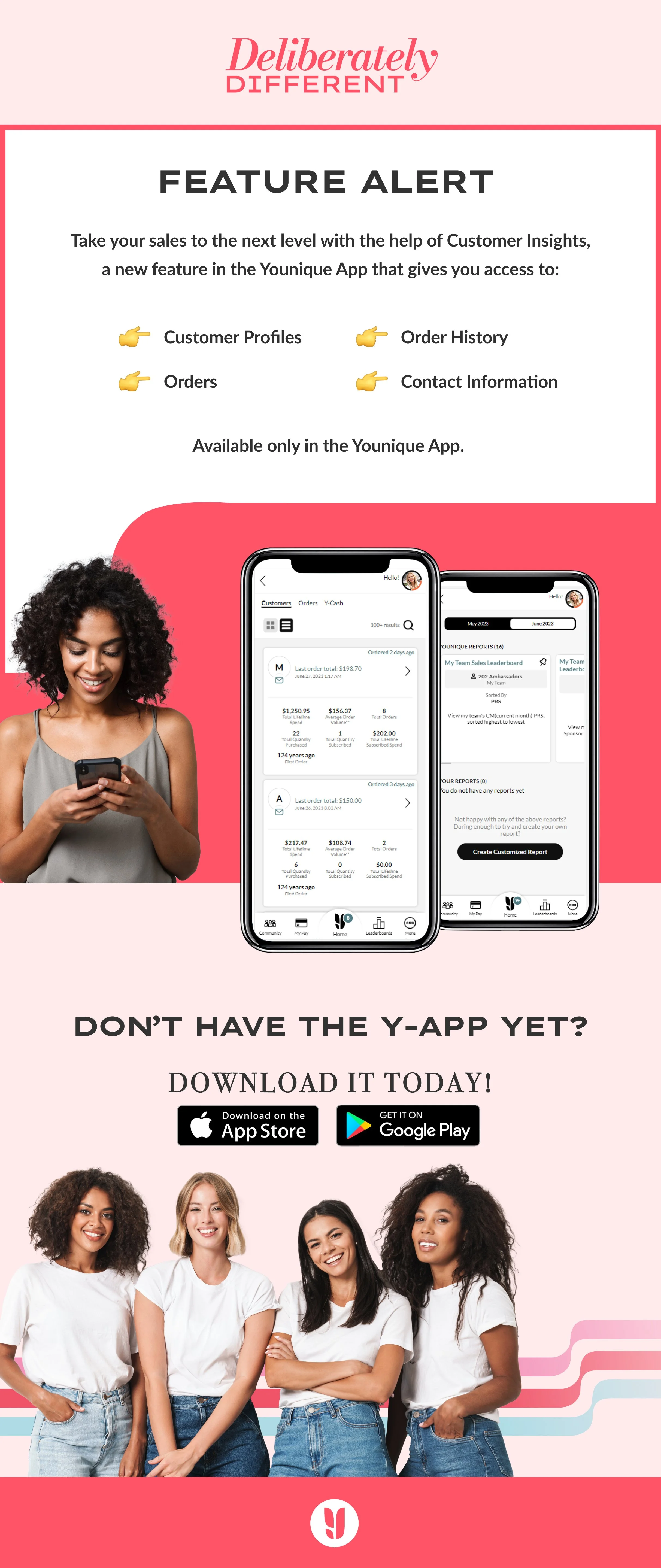 Promotional flyer for Yunique app, featuring a woman using her phone, app screenshots, and a group of four smiling women, with download options for the App Store and Google Play.