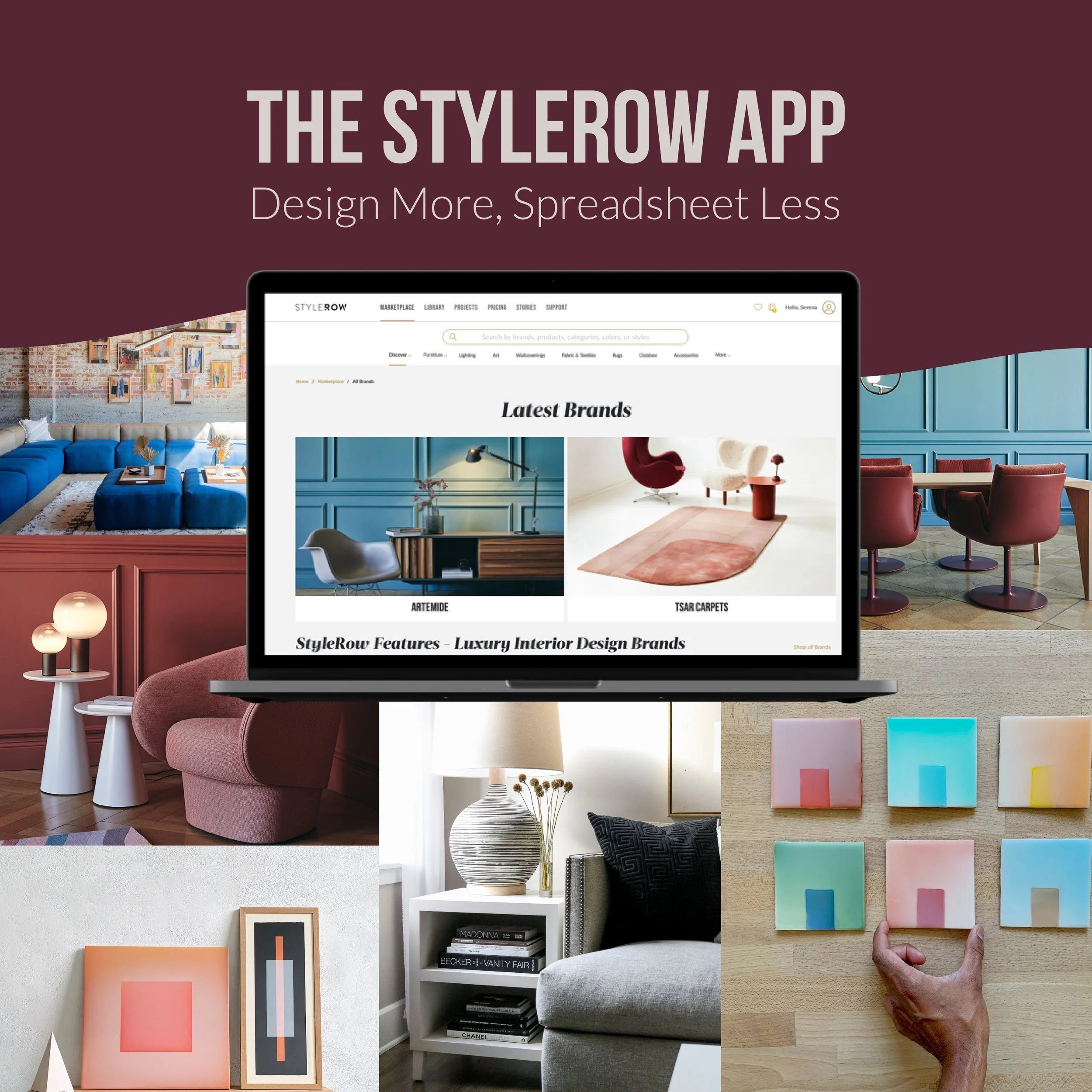 A laptop displaying the StyleRow website with interior design product images, surrounded by various interior design elements including furniture, lighting, fabric samples, and decorative art pieces.