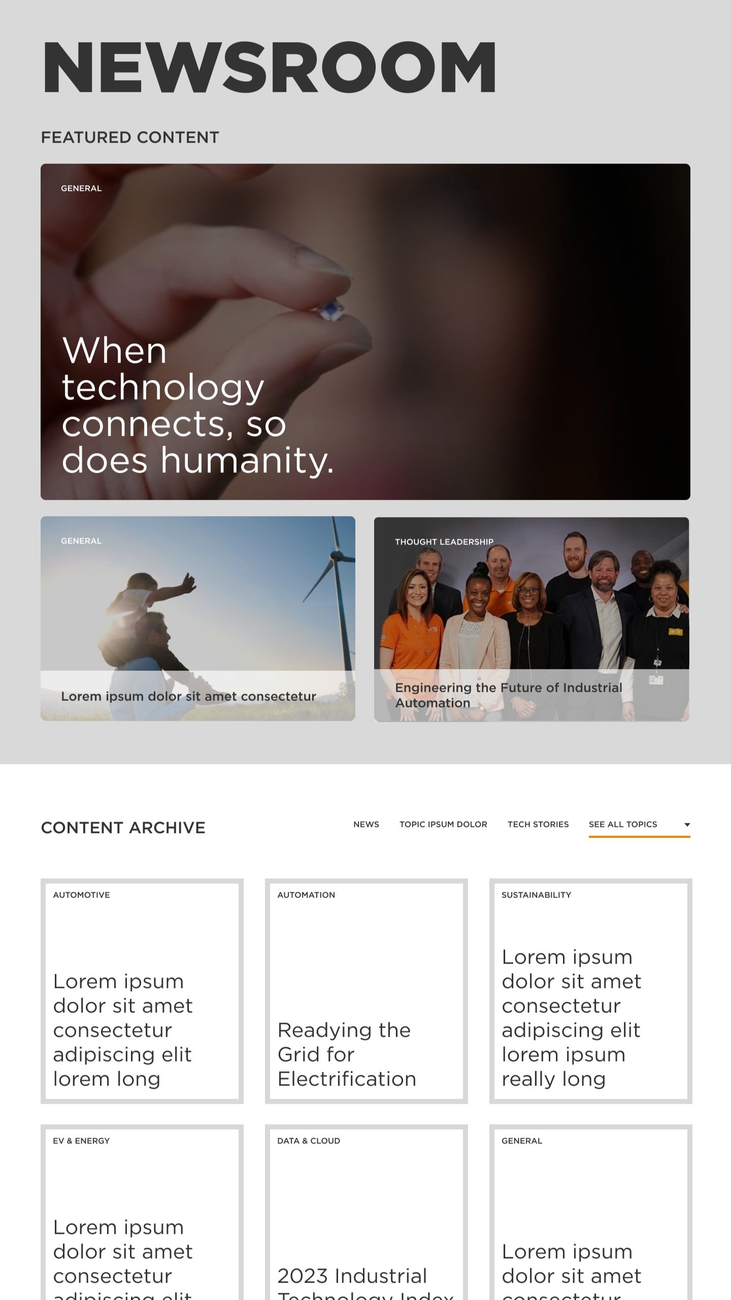 A digital news website homepage with a large headline 'When technology connects, so does humanity' and sections for featured content, content archive, and various article categories.
