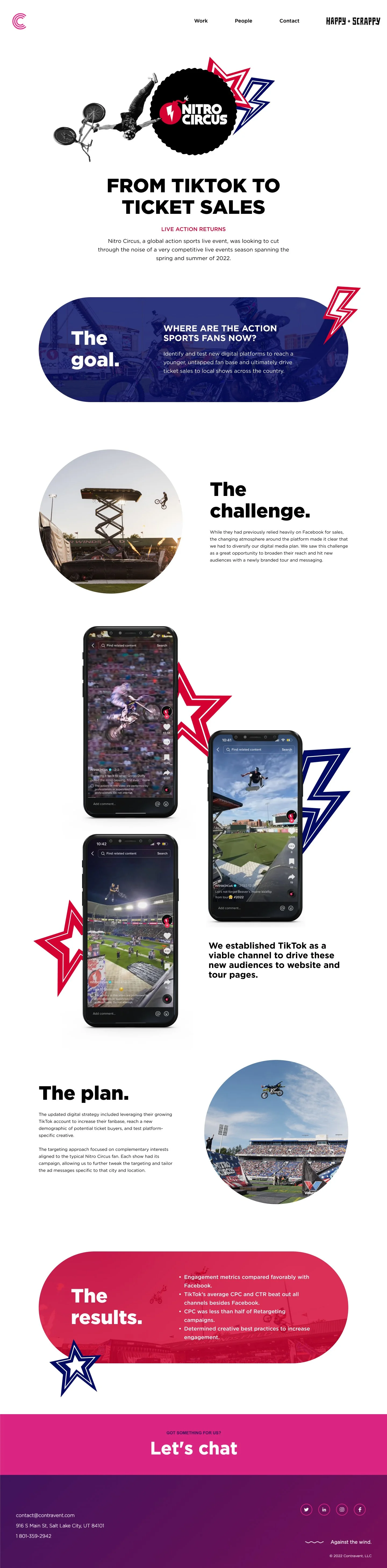 A webpage design for Nitro Circus featuring a BMX rider, action sports images, and TikTok branding elements discussing ticket sales and engagement strategies.