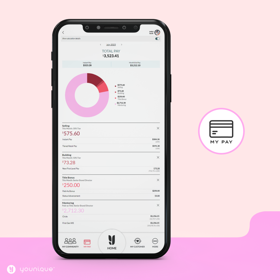 Screenshot of a mobile app displaying a total pay of $3,523.41 for July 2023, with detailed breakdowns and charts. The app has navigation icons at the bottom for community, pay, home, customer, and more.