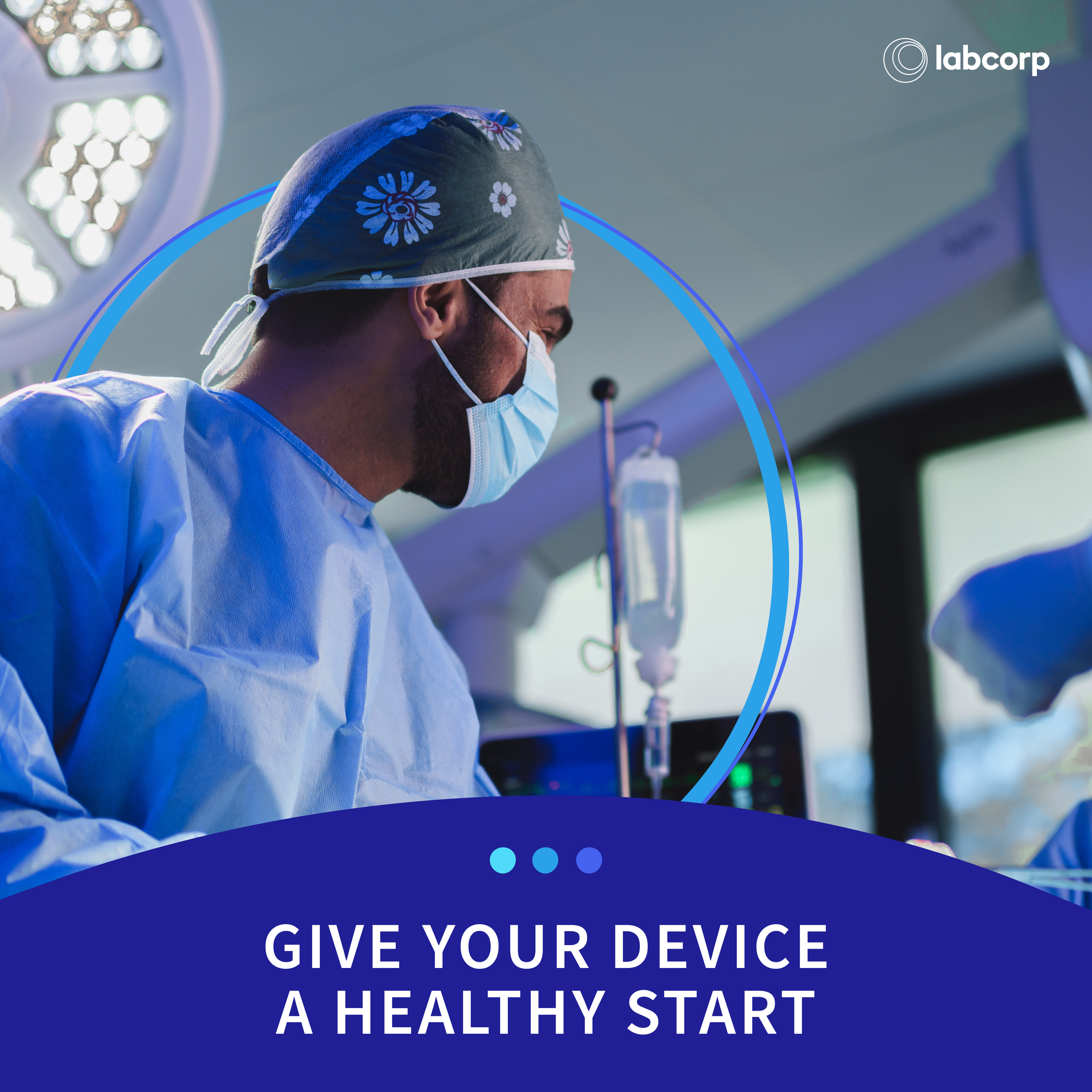 Medical professional wearing protective gear, including a face mask, working in a hospital setting with medical equipment around.