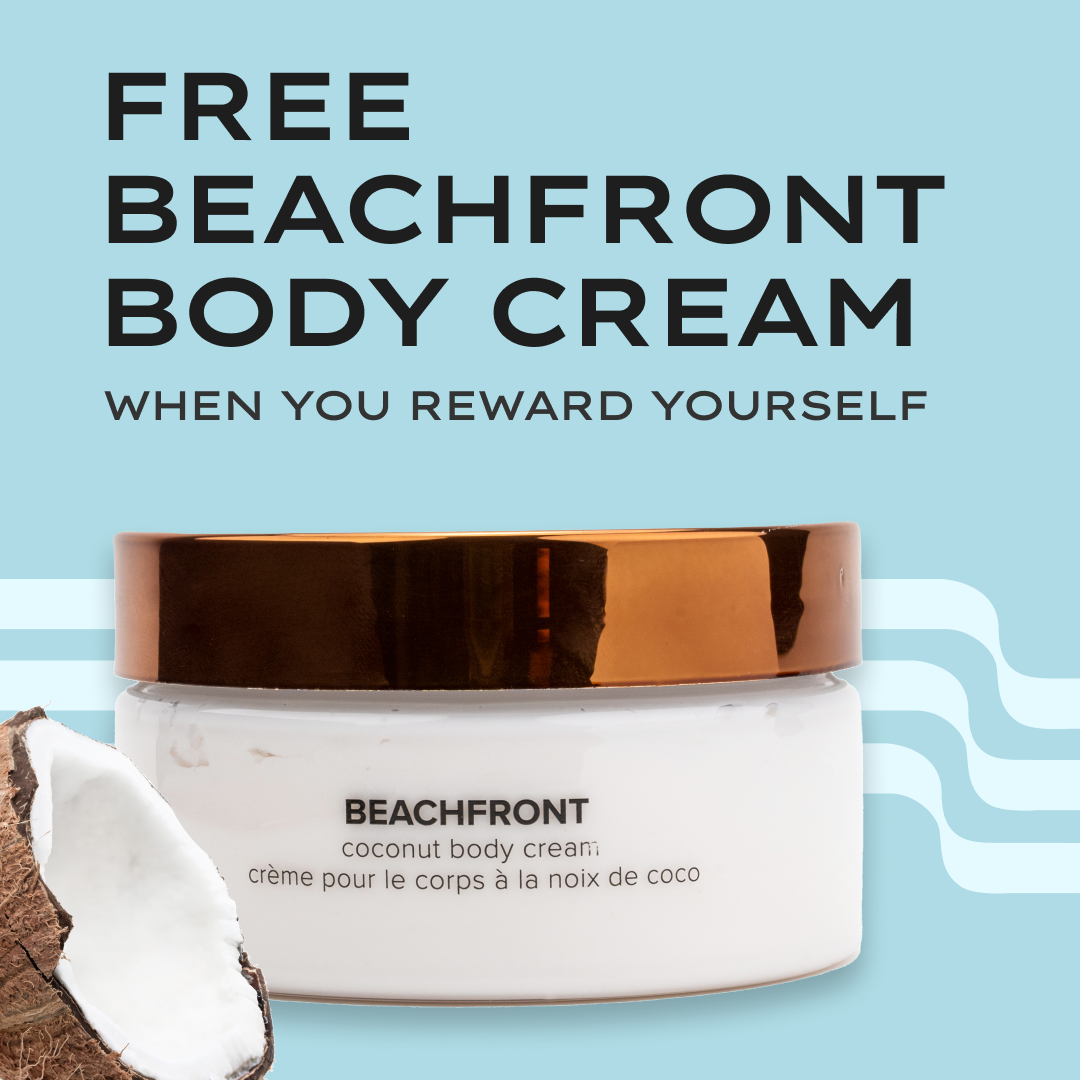 An advertisement for Beachfront coconut body cream with a jar of the cream and a coconut fragment on a blue background.