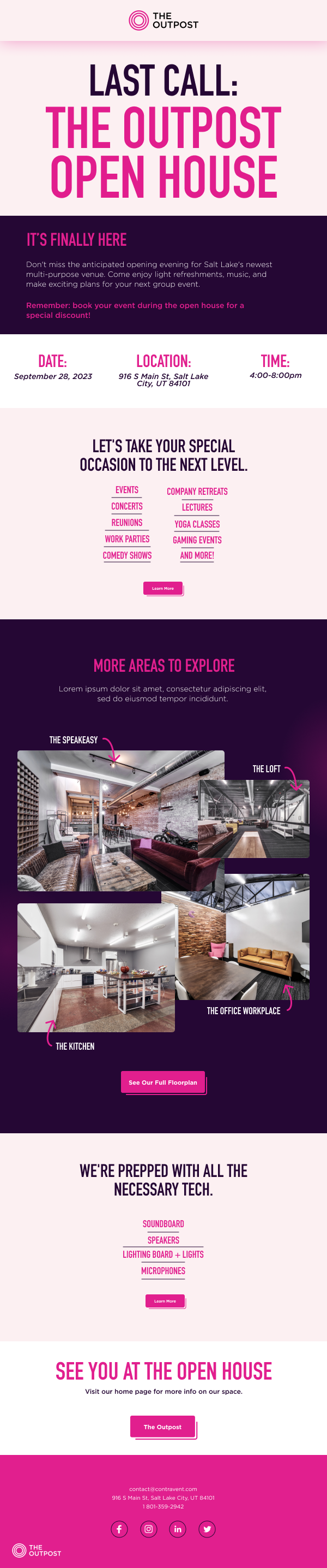 Digital flyer announcing the Outpost open house on September 28, 2023, from 4:00 to 8:00 pm at 916 S Main St, Salt Lake City, featuring event details, areas to explore including the speakeasy, loft, kitchen, and workplace, with social media icons and contact information.