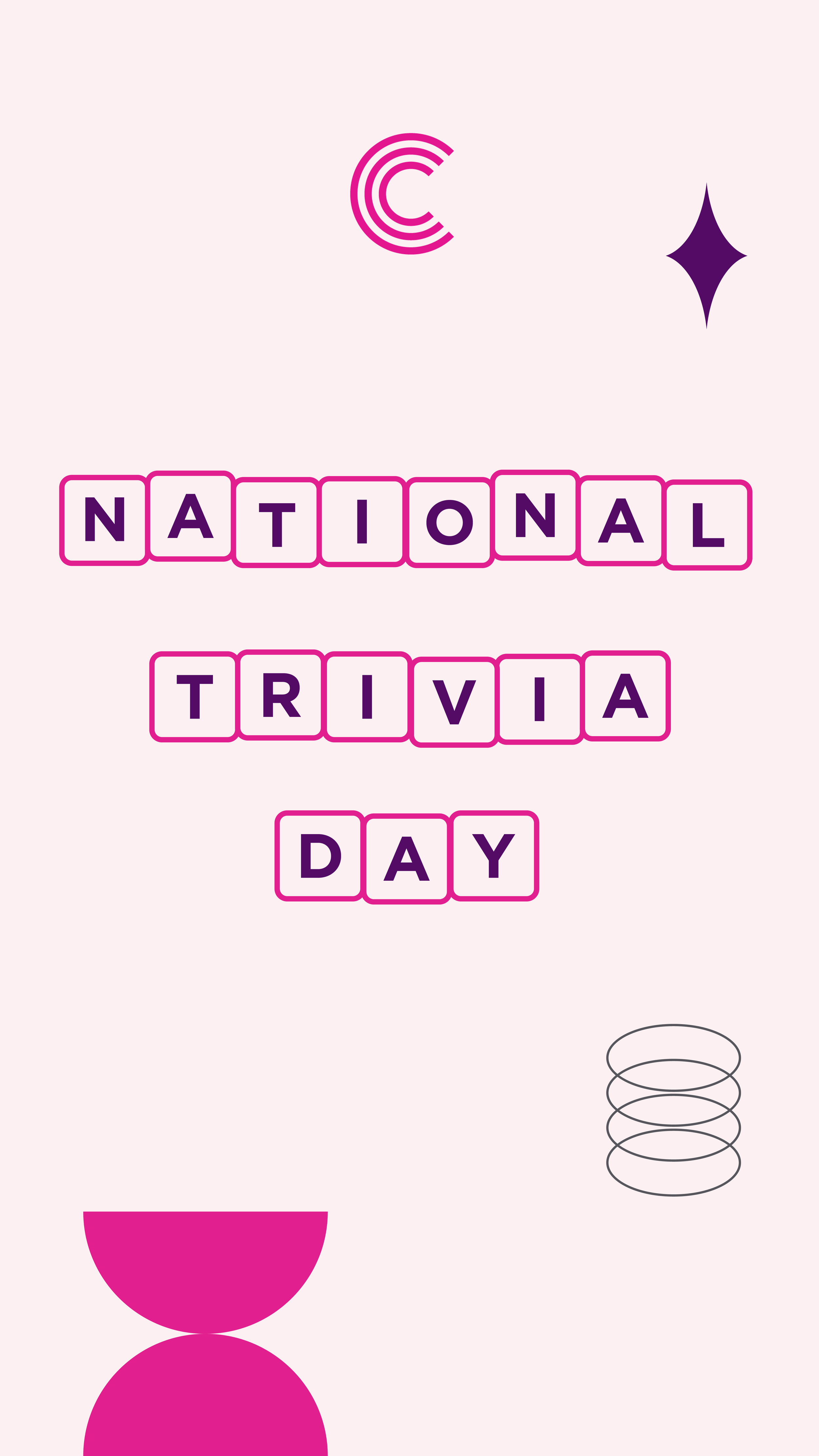 The image displays the text 'National Trivia Day' with colorful geometric shapes including a pink semi-circle, a purple star, and a black spiral, on a light pink background.