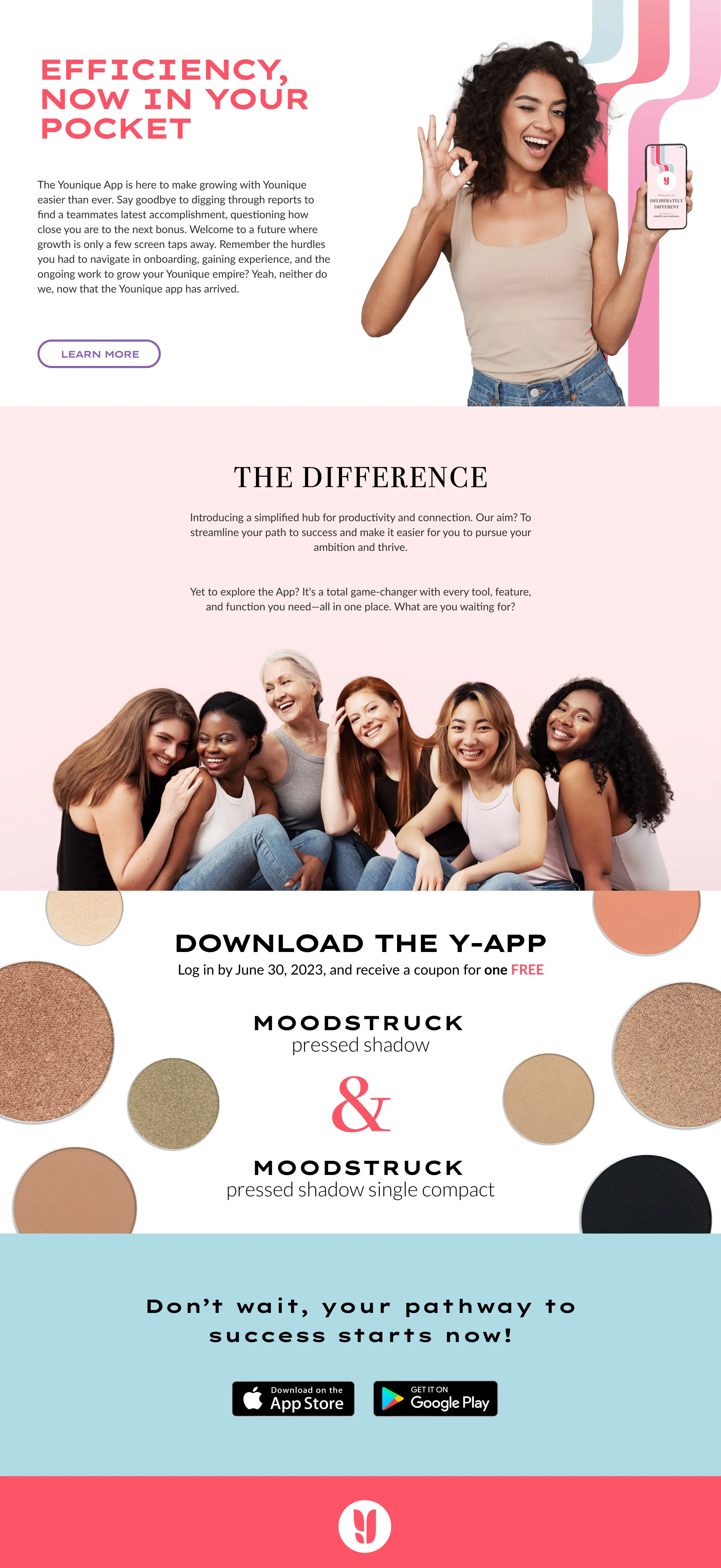 The image features a promotional webpage for the Younique app, highlighting its features and benefits. The top section shows a woman with curly hair smiling and holding a phone, with the headline "Efficiency, now in your pocket". The middle section has a group of diverse women smiling together, with text describing the app's purpose. The bottom section advertises downloading the app from the App Store and Google Play, with colorful makeup-related circles and a Younique logo at the bottom.