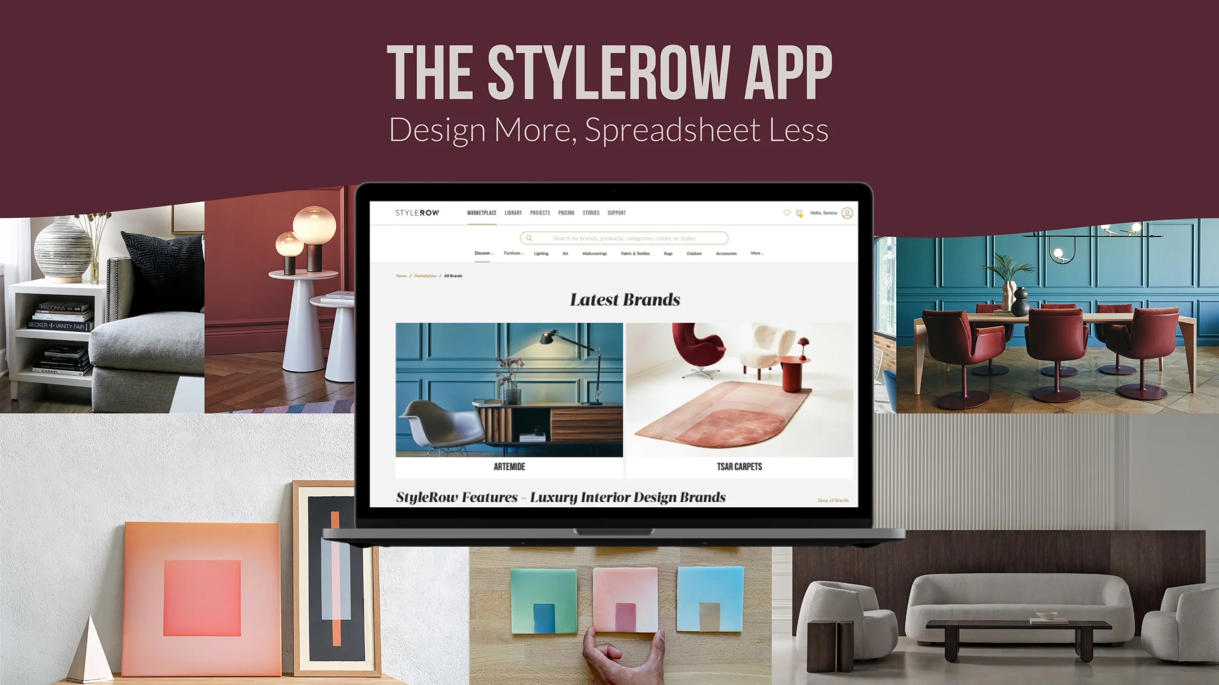 Digital collage of modern interior design rooms featuring furniture and decor with a central laptop displaying the StyleRow website's 'Latest Brands' section, promoting interior design brands like Artemide and Tsar Carpets.