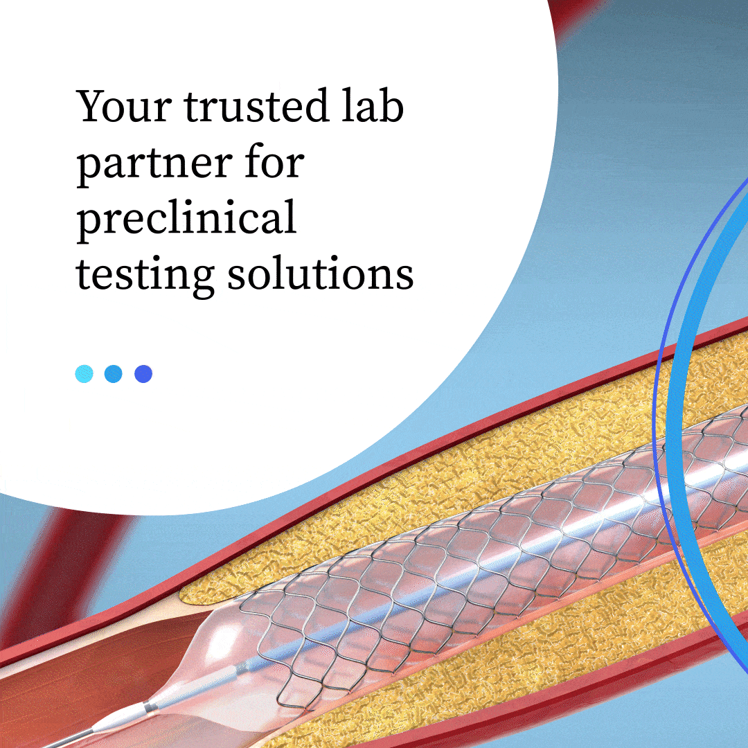 Graphic of a medical device within a blood vessel with text stating, "Your trusted lab partner for preclinical testing solutions."