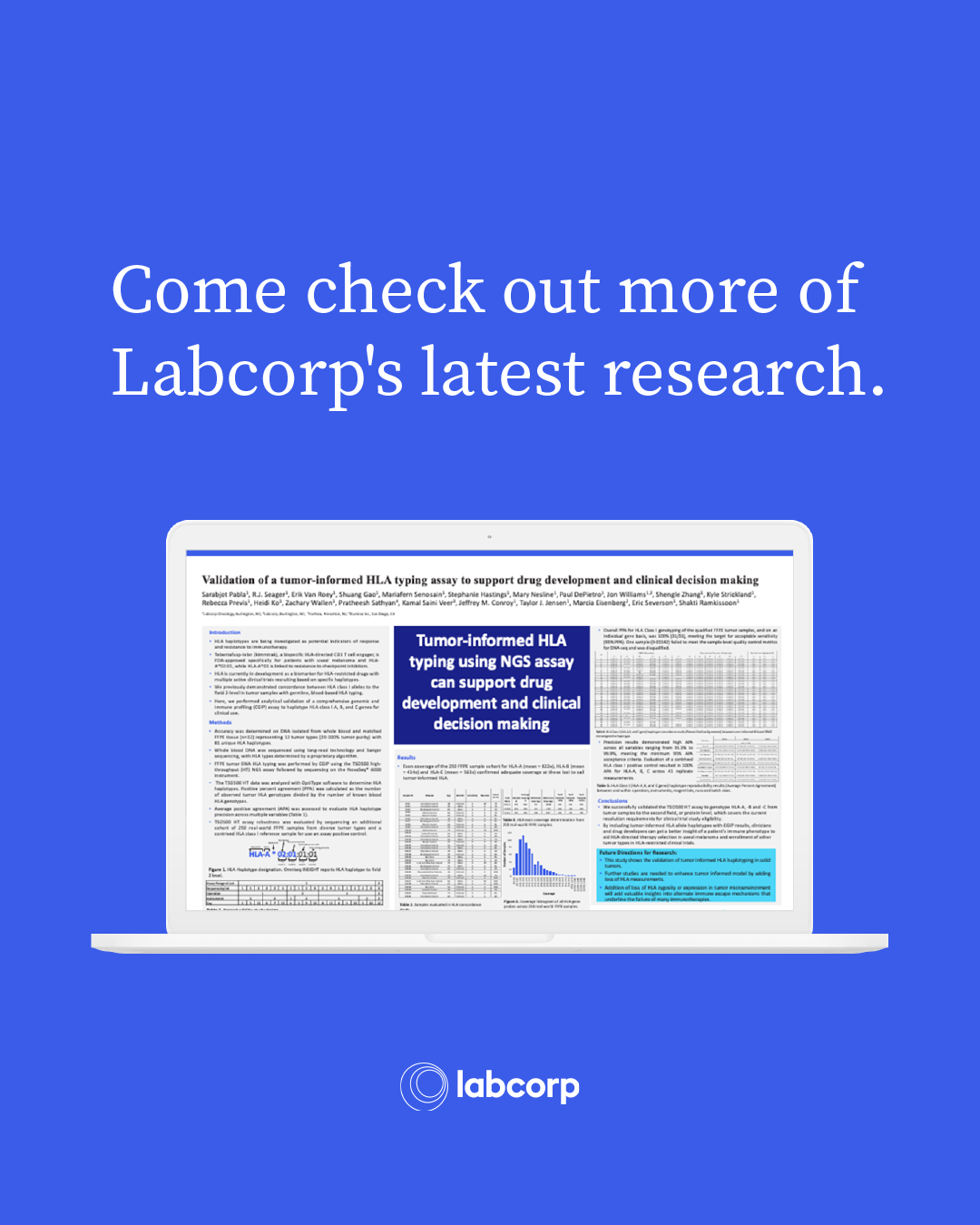 Social media graphic with a blue background showing a laptop displaying a scientific research poster on tumor-informed HLA typing and drug development, with the text 'Come check out more of Labcorp's latest research' and Labcorp logo at the bottom.