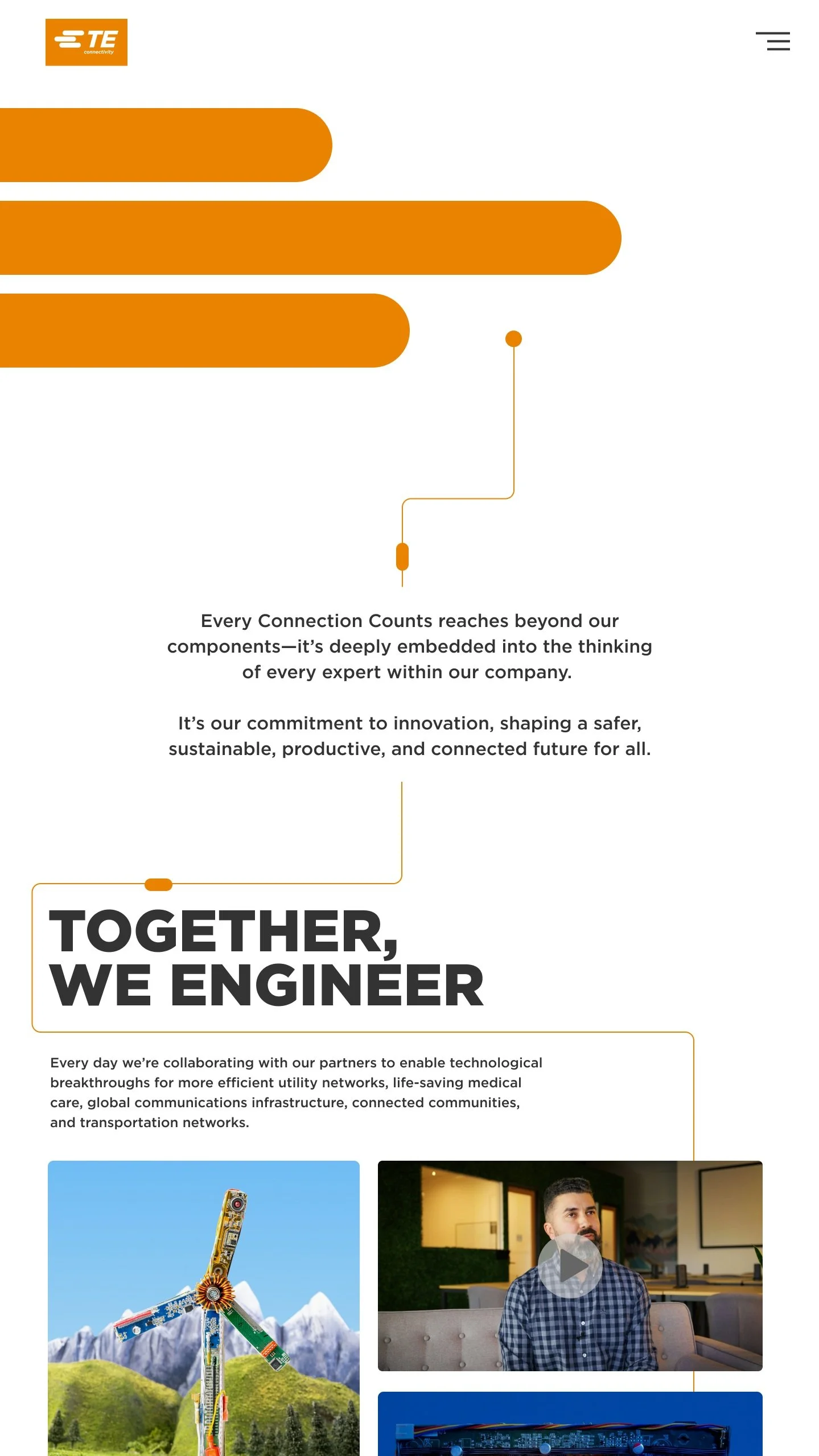 TE Connectivity promotional webpage with the heading 'TOGETHER, WE ENGINEER' and images of a wind turbine made from electronic components, a man in a conference room, and a blue circuit board.