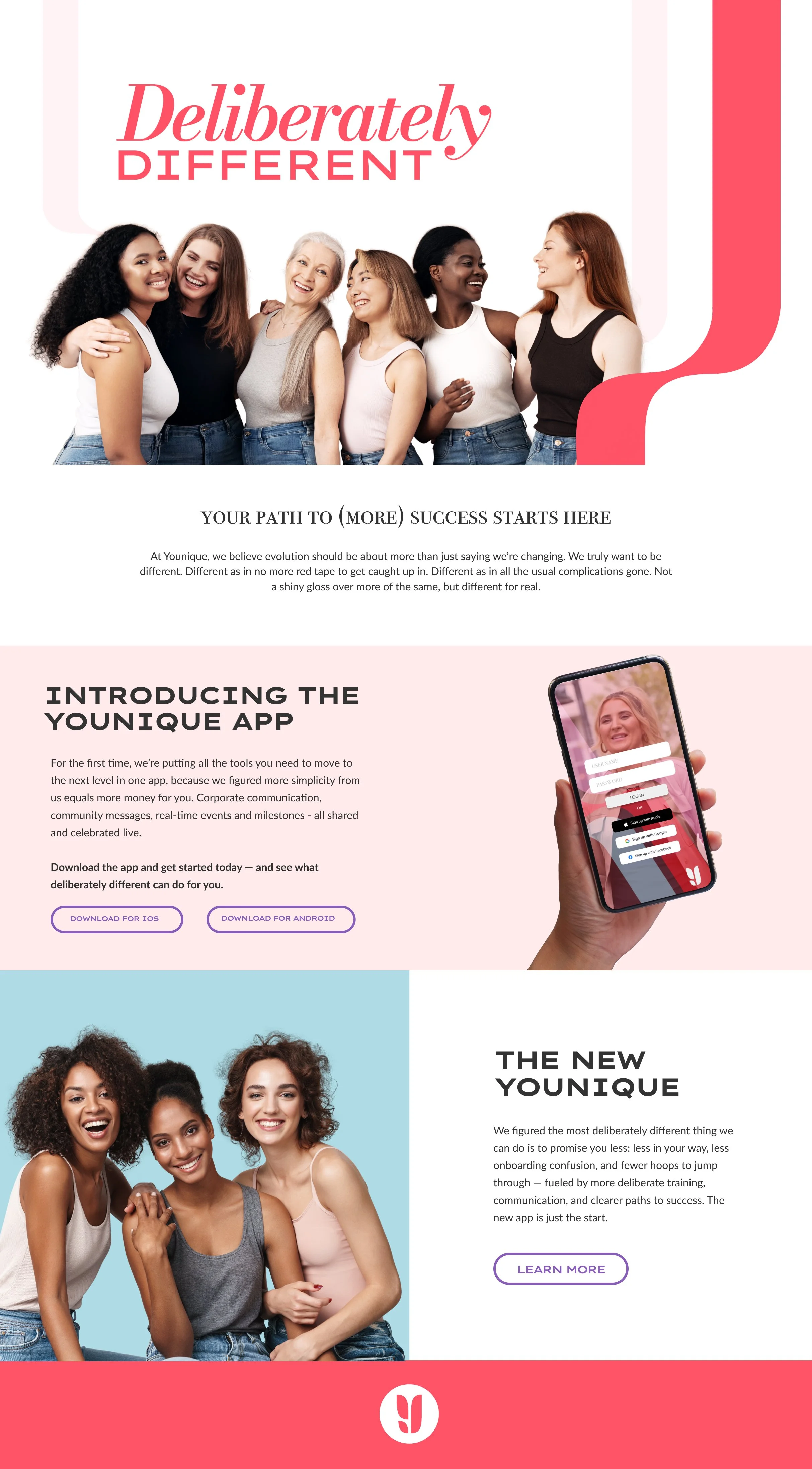 A colorful promotional webpage for Younique featuring diverse groups of smiling women, app download buttons, and information about the Younique app.