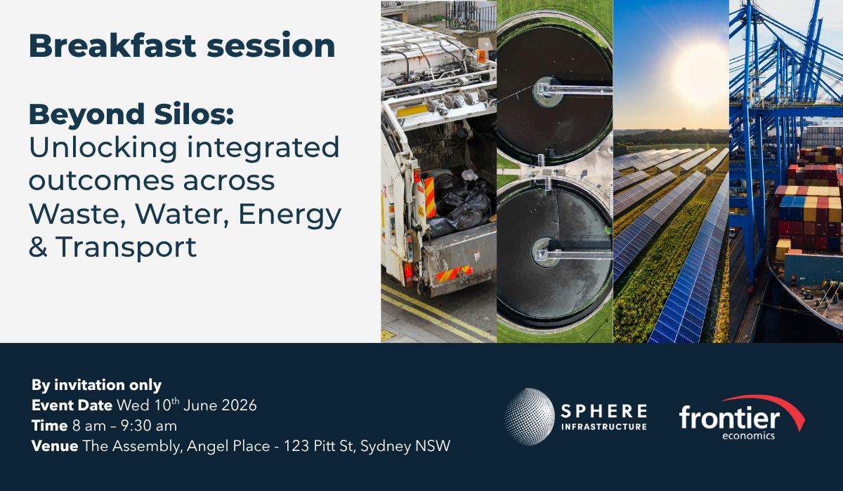 Invitation for a breakfast session titled "Beyond Silos: Unlocking integrated outcomes across Waste, Water, Energy & Transport". The event details include date and time, venue at The Assembly, Angel Place, Sydney NSW, and hosts Sphere Infrastructure and Frontier Economics. The right side of the invitation features images of waste collection, water treatment, solar panels, and shipping containers.
