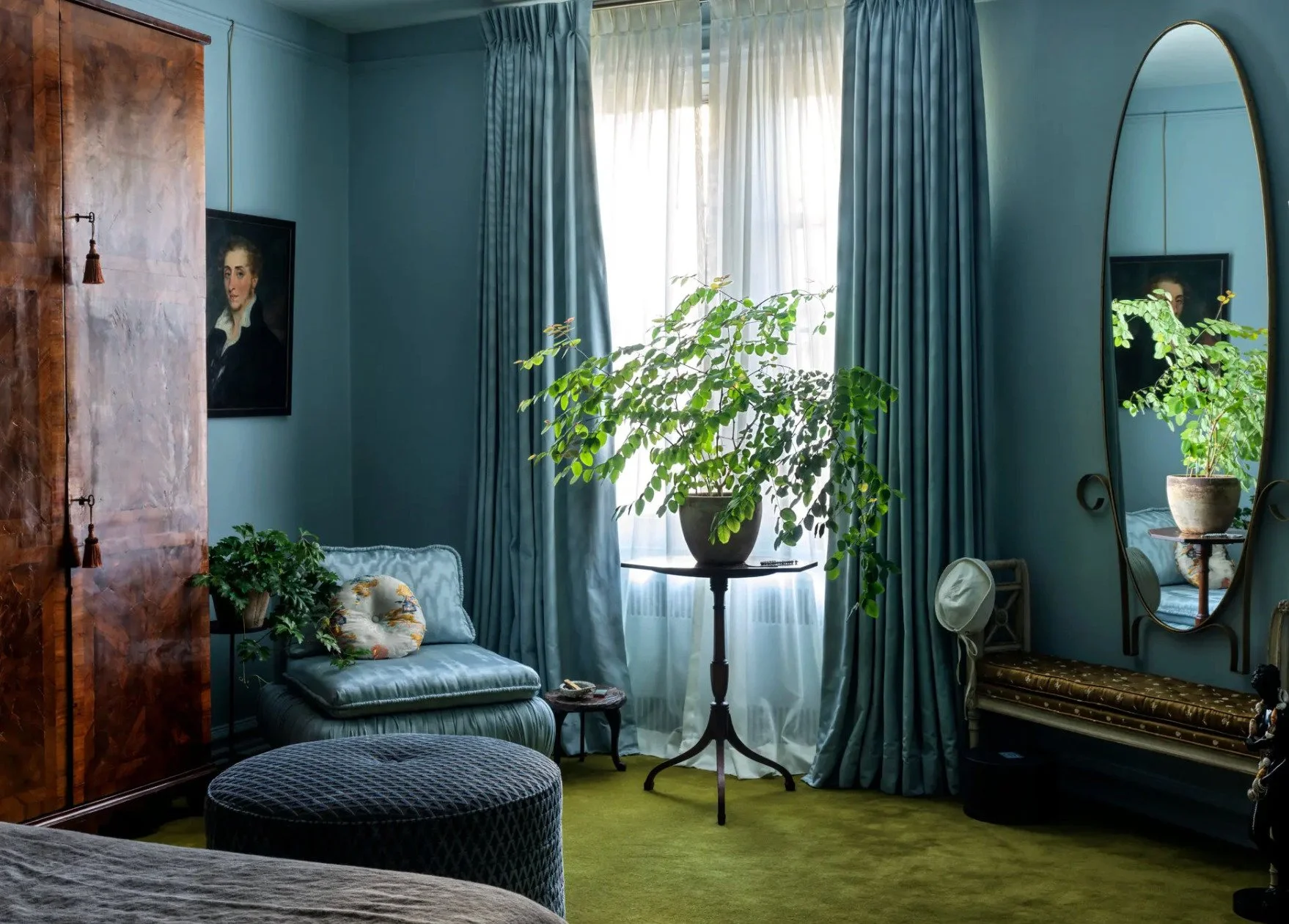 From the New York Times article on pastel wall colors: The apartment of Tony Liu. Photo Credit Chris Mottalini/Farrow & Ball
This makes me melt. The rug on its own seems insane, but with all that blue, it's gorgeous. I want the plant, the mirror,