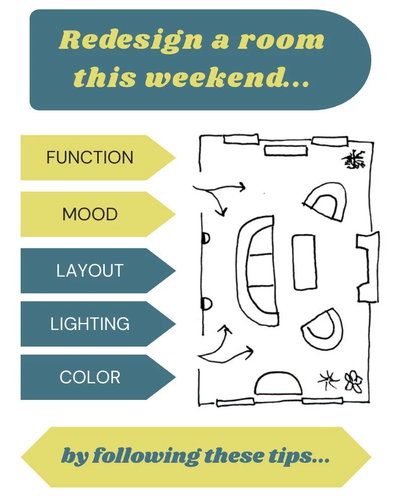 If you are spending time looking around your home, thinking, &lsquo;Hmmm, could be better in here&rsquo;. Here is my guidance to you: Determine the function and mood of your room, then get busy (and have fun) editing the layout, lighting, and mood. 
