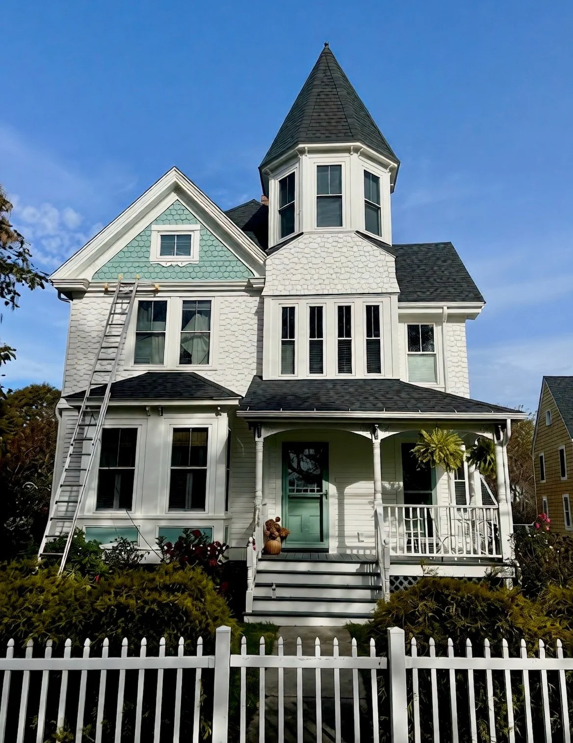 Exciting to see this exterior project nearing completion!

Queen Anne Victorians offer such interesting possibilities. We cycled through several ideas before landing on this combination. The homeowner wanted some color, but nothing too busy or drench