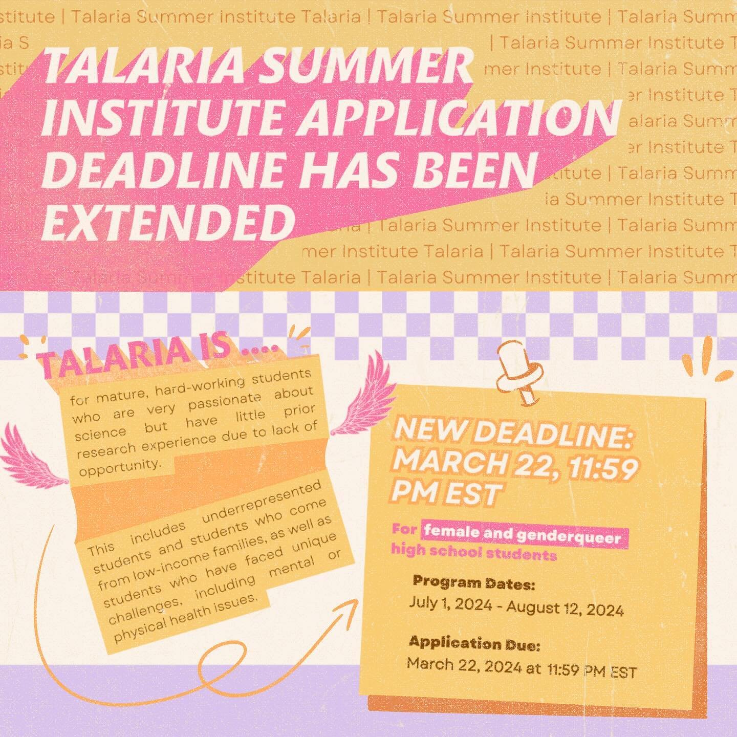 TALARIA SUMMER INSTITUTE APPLICATIONS WILL REMAIN OPEN FOR ANOTHER WEEK! ✨ This extension was to accommodate international students taking exams, as well as students who faced technical difficulties submitting the night of the previous deadline.⚡️ Sw