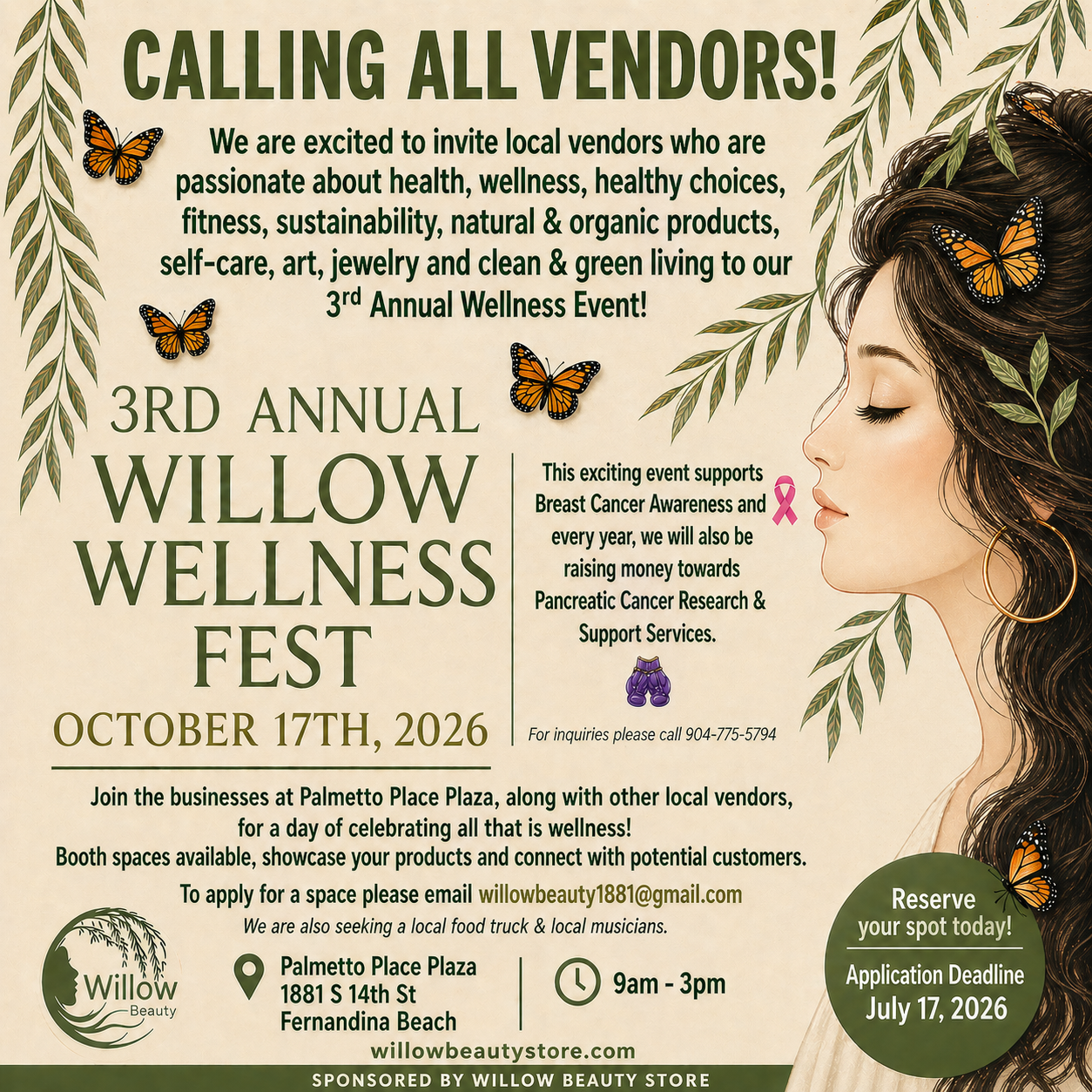 Calling All Vendors!  Willow Wellness Fest Oct 17, 2026 - Application deadline July 17th, 2026