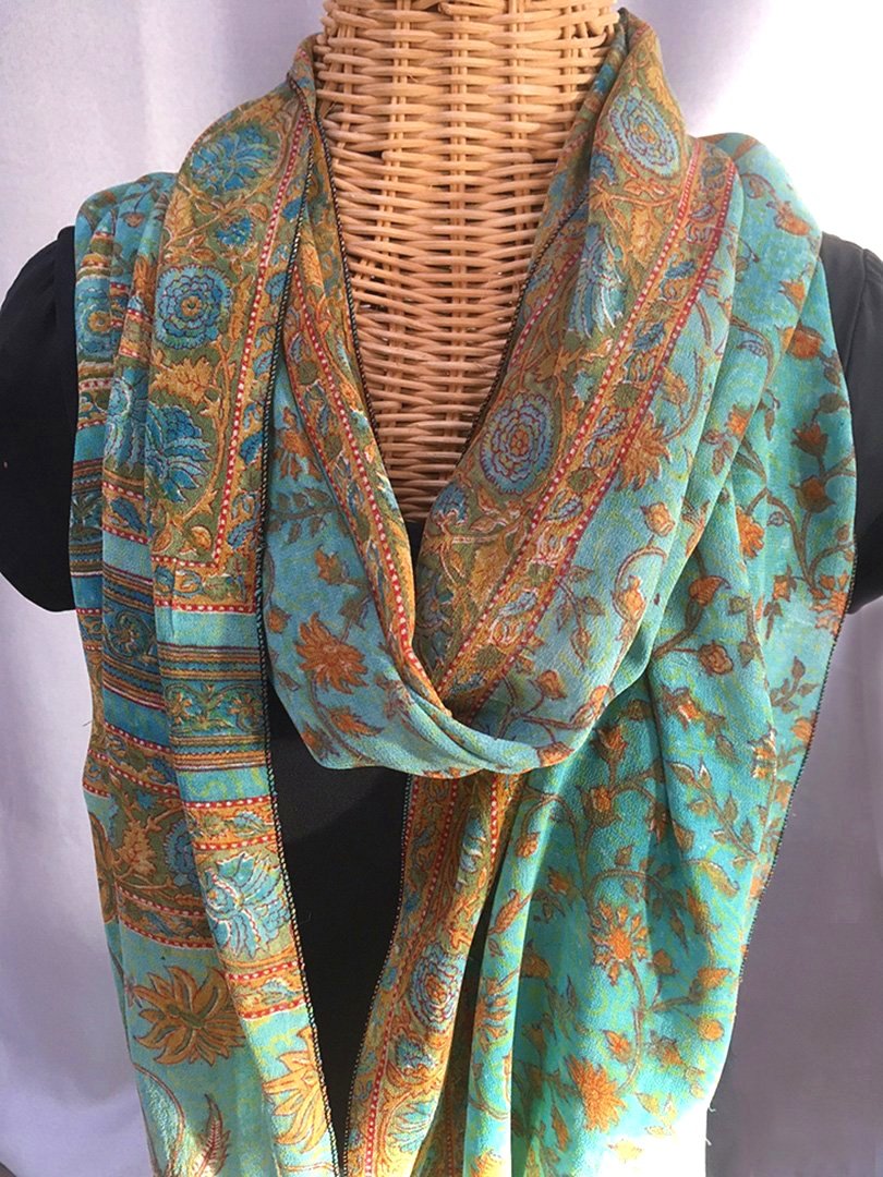 202 AQUA PEACH PRINT SILK SCARF — Ten Thousand Scarves