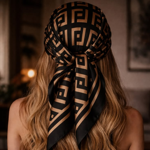 Back view of a woman with long blond hair wearing a black and tan patterned headscarf in an indoor setting.