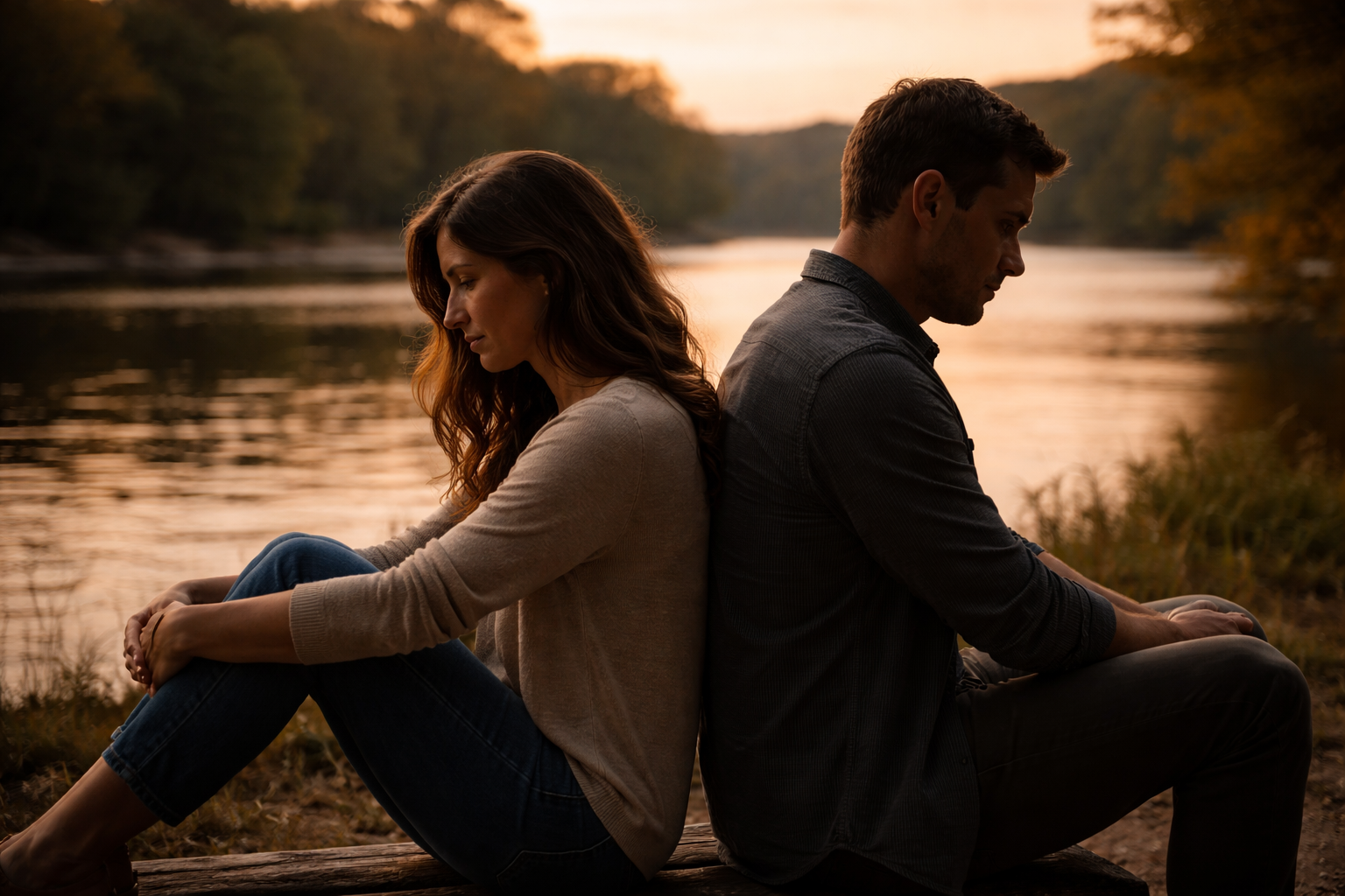 A woman and man sit back-to-back on a log by a river during sunset. Sara Schramer at Soothing Connections Counseling in St. Charles, IL specializing in Emotionally Focused Couples Therapy and Individual Counseling