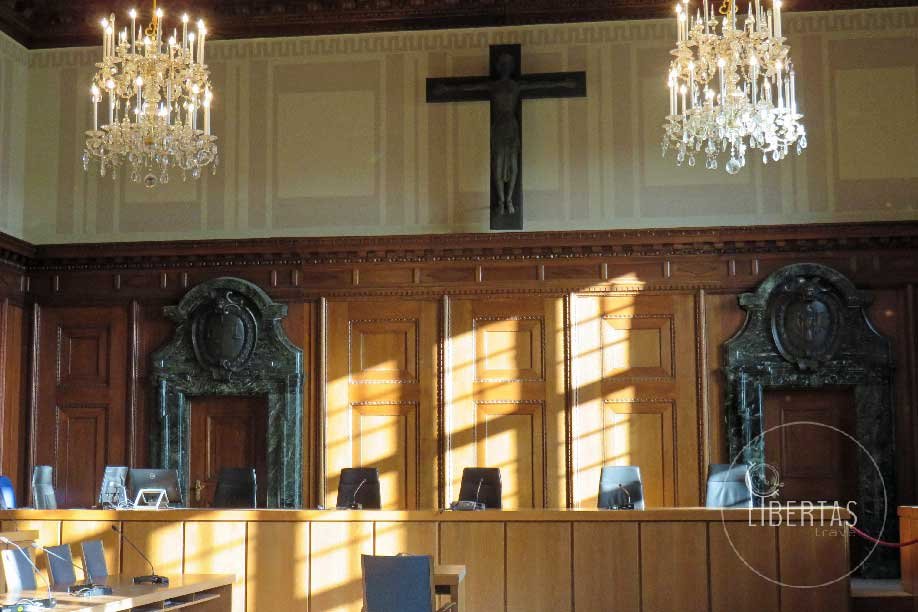 Nuremberg Palace of Justice wooden interior with chandeliers