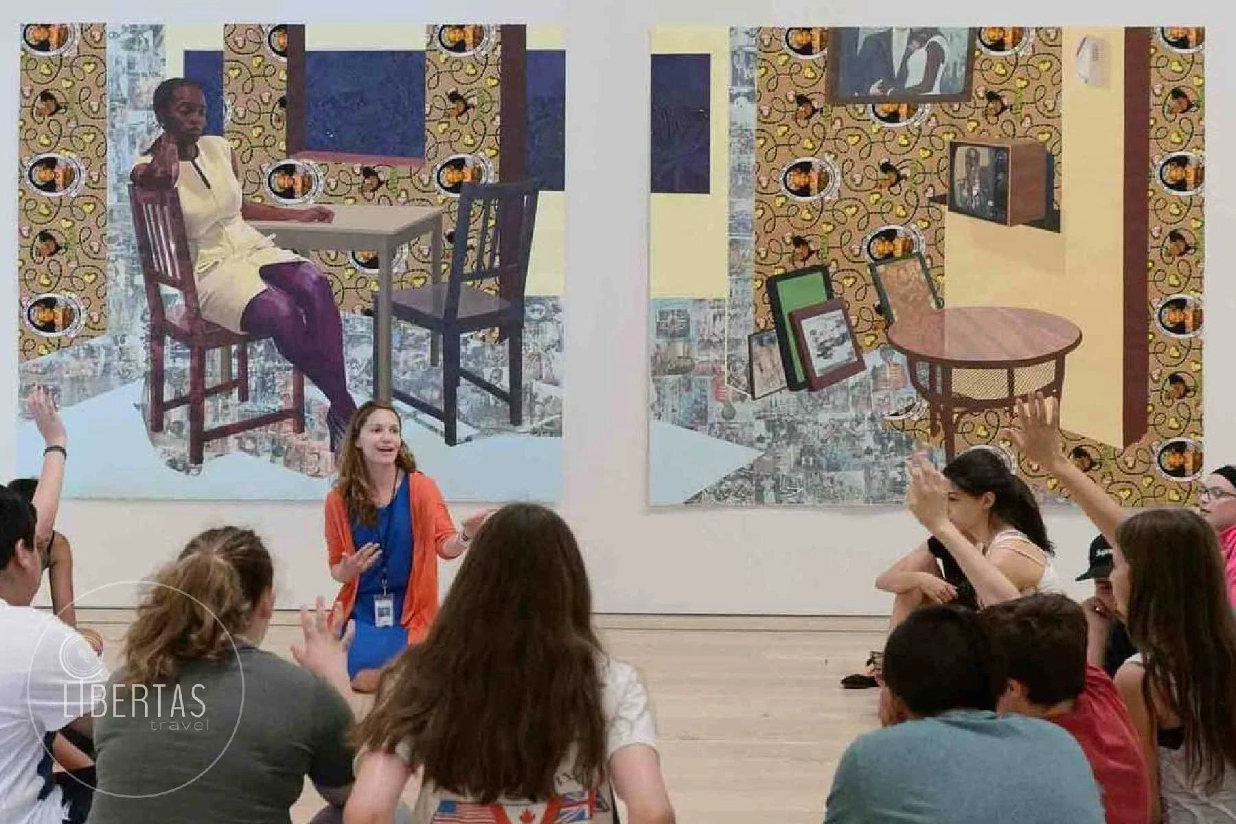 Students partipating in a guided tour with an art expert at the Whitney Muesum