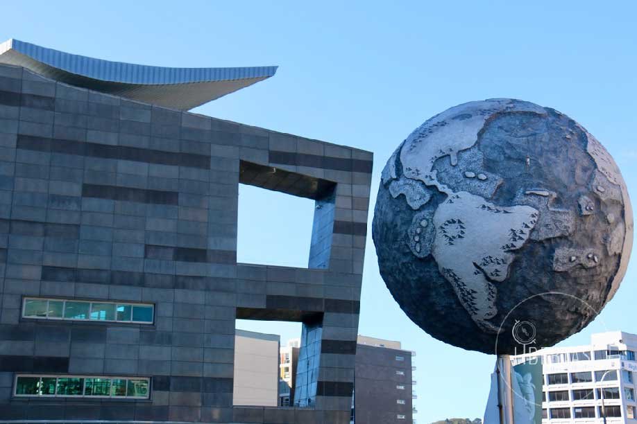Te Papa Museum Wellington globe sculpture at the exterior of the building