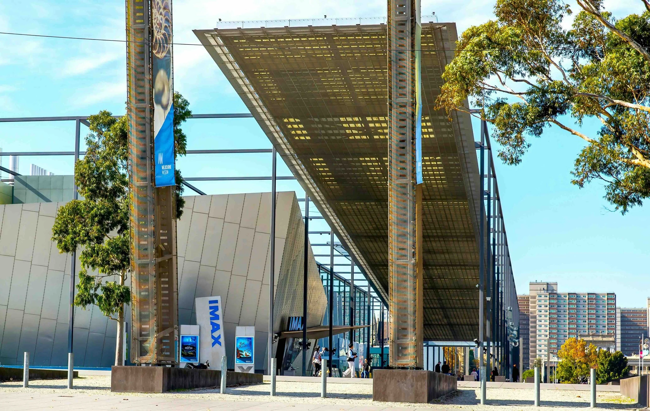 The striking angular architecture of Melbourne Museum at Carlton Gardens — a science and natural history destination on Libertas Travel's Melbourne STEM high school excursions.