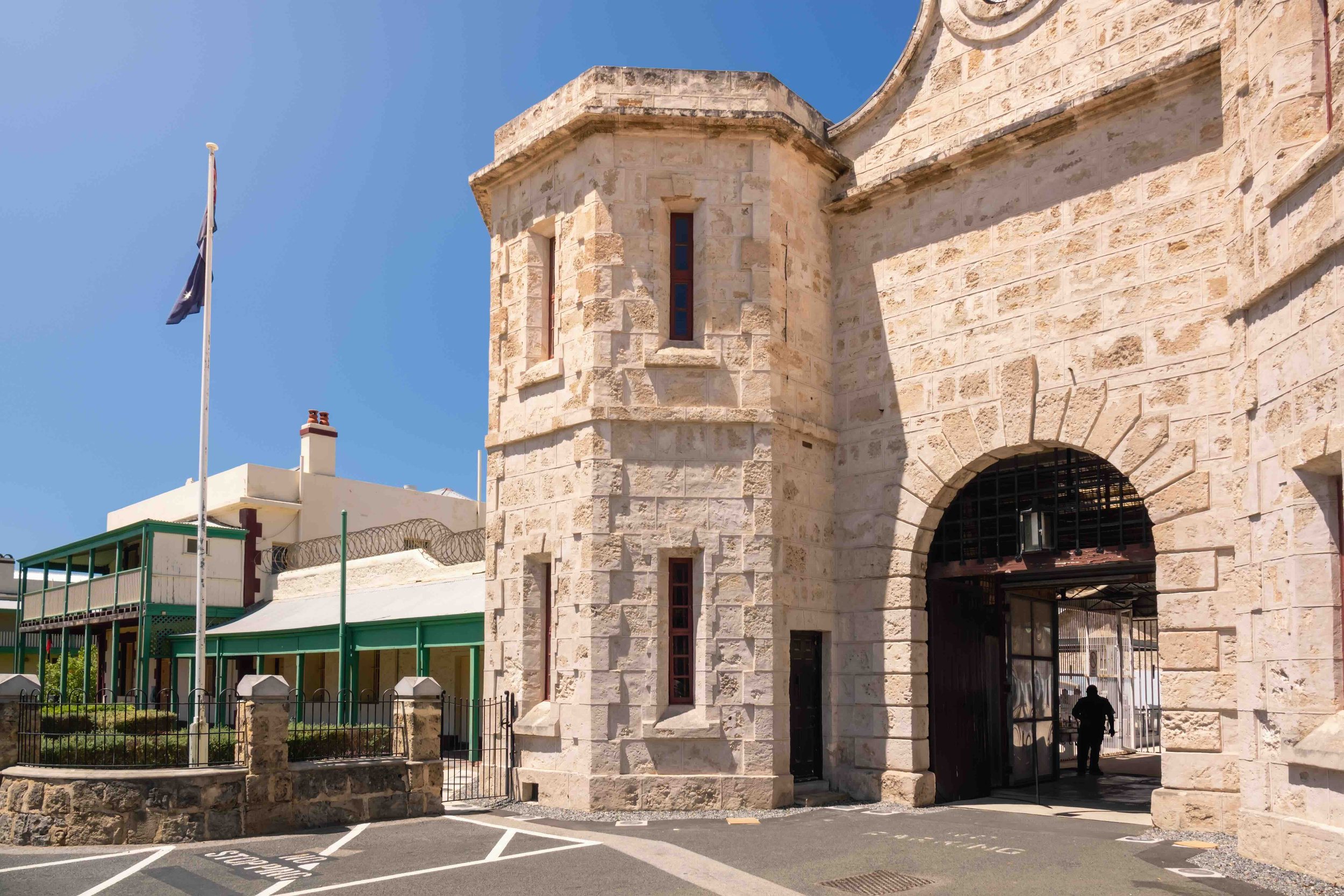 The historic limestone gatehouse of Fremantle Prison, Western Australia — a World Heritage convict site and key History excursion stop for Australian high school groups travelling with Libertas Travel.