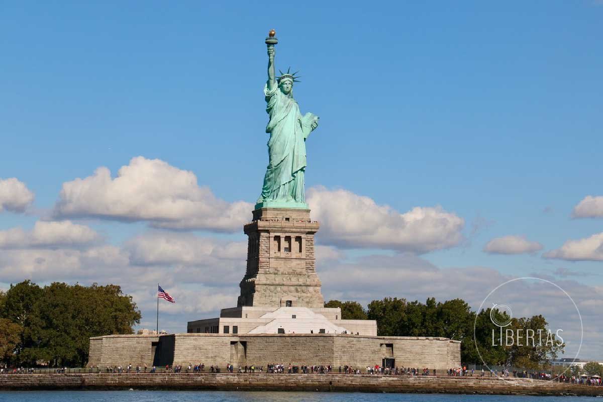 Statue of Liberty colossal neoclassical sculpture on Liberty Island in New York Harbor in New York City, in the United States