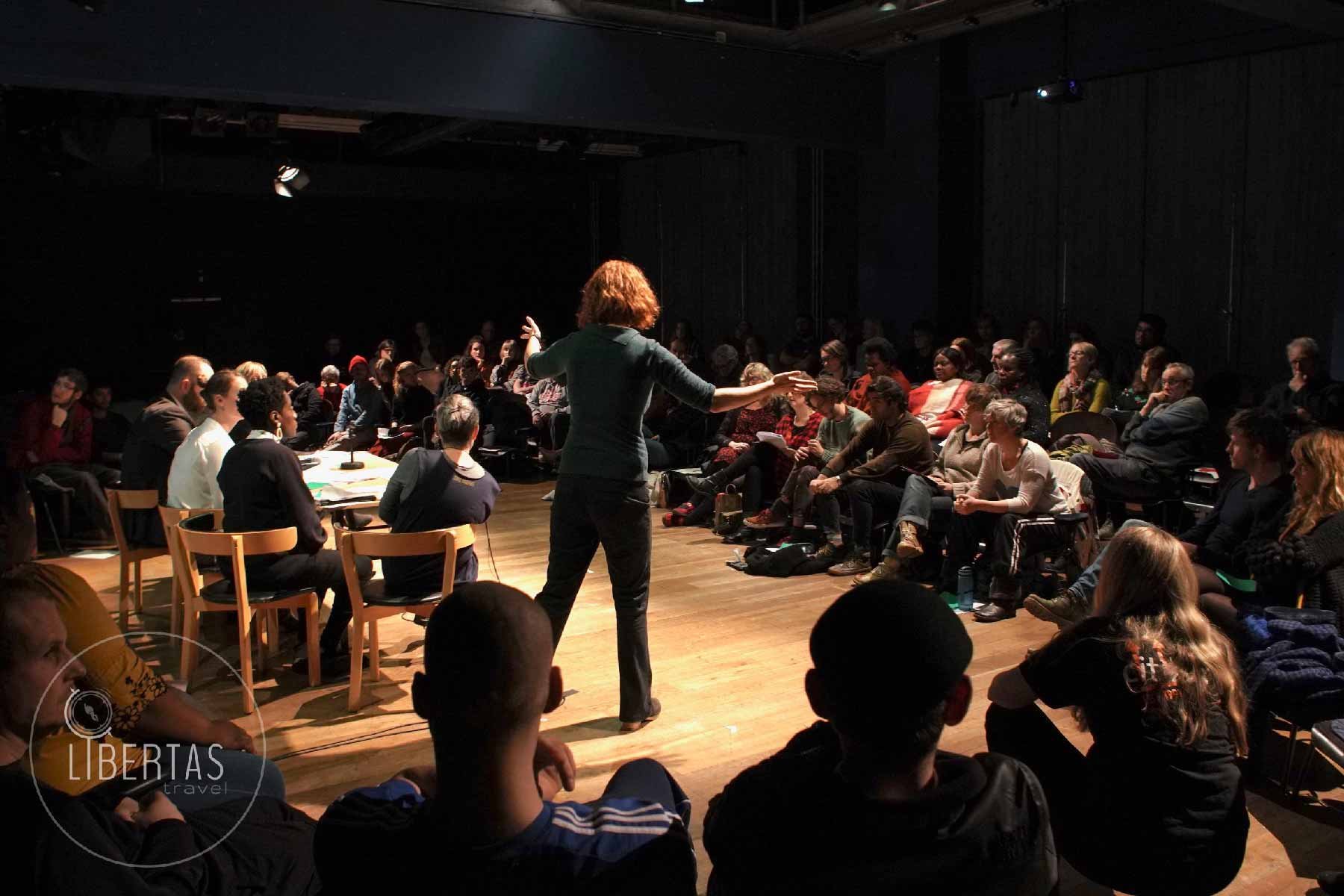Student drama tutorial at Cardboard Citizens Theatre; making theatre with and for homeless people for over 25 years - theatre that activates social change.