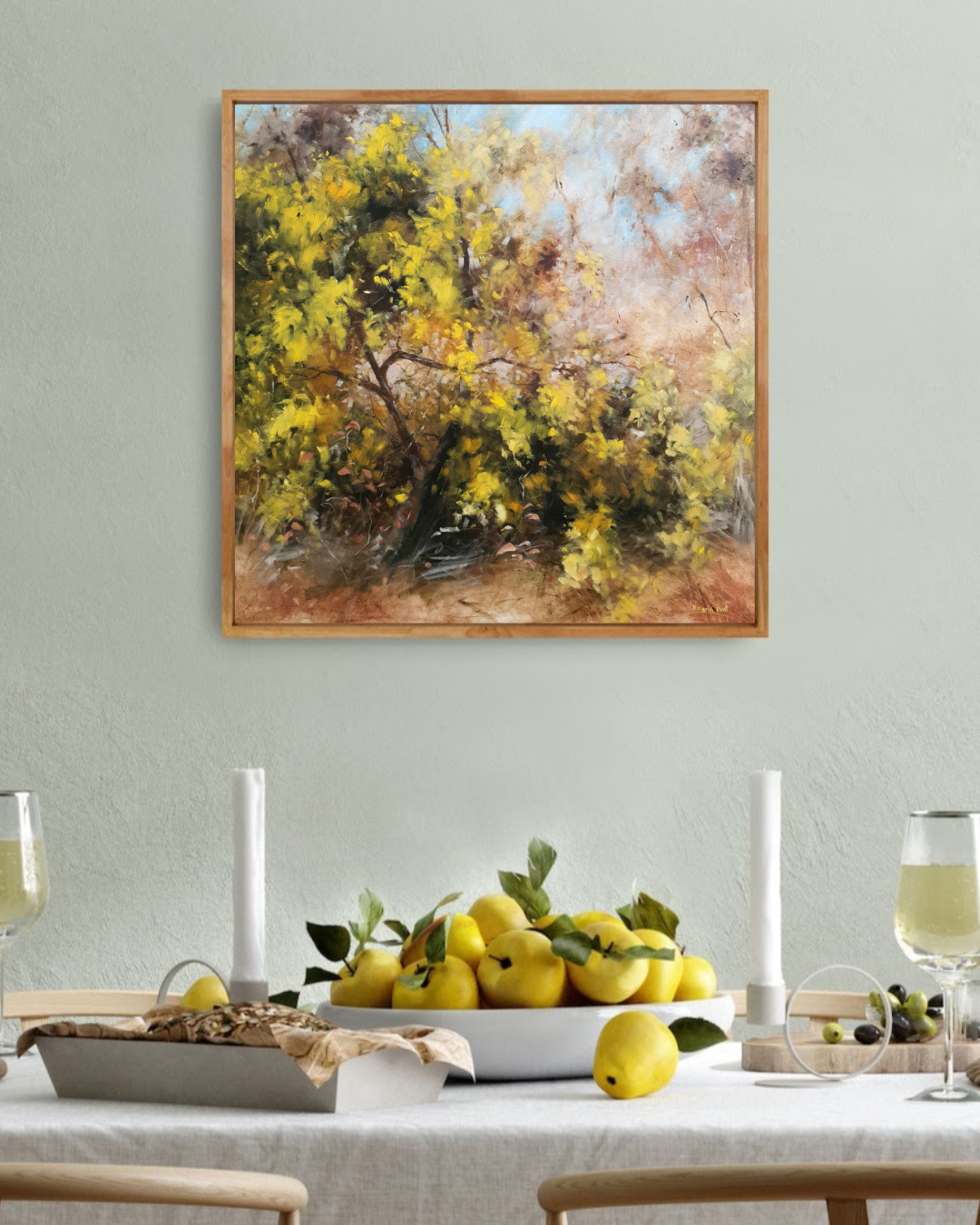 orignal painting of Australian wattle in dining room styling