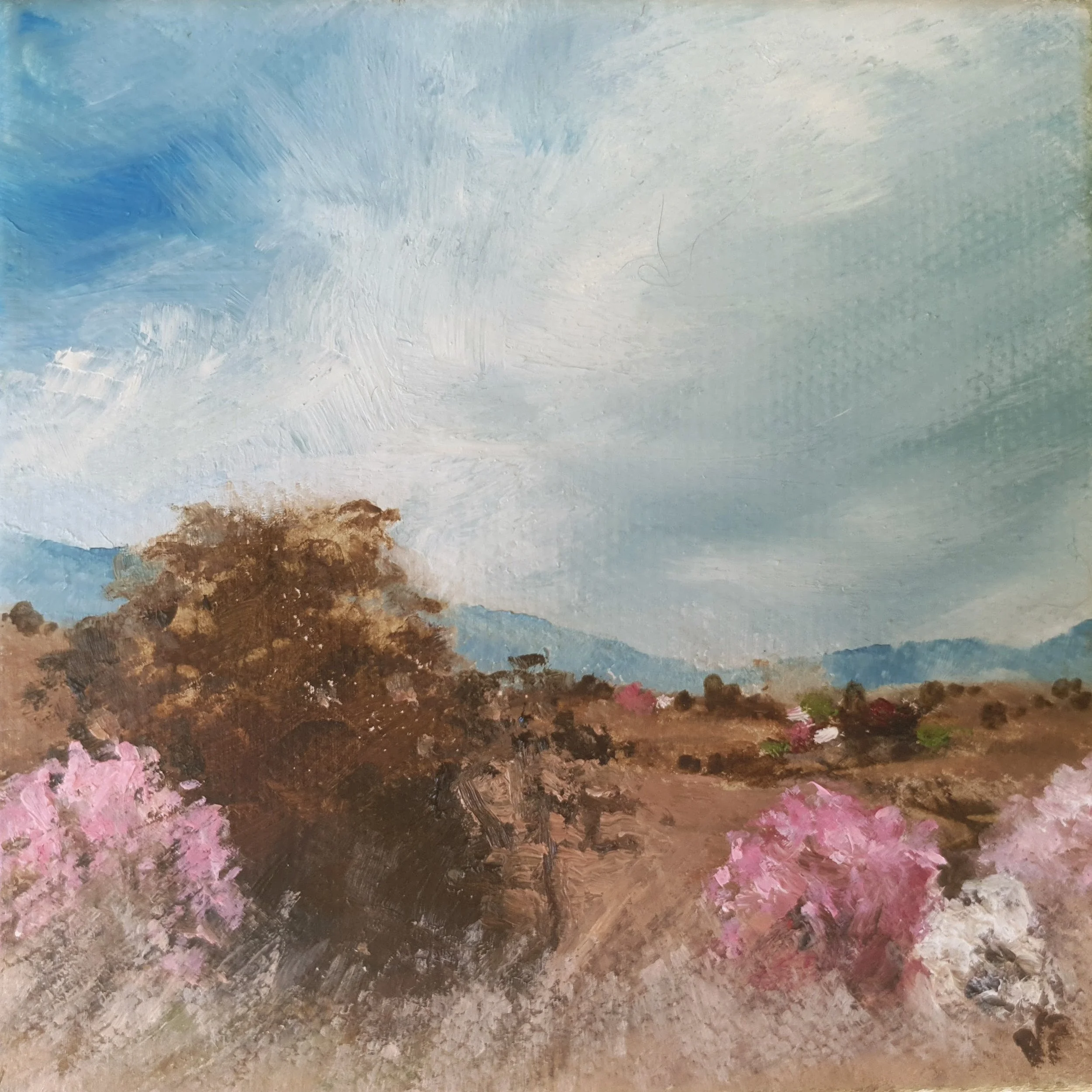 Mini oil painting of country landscape in natural earth tones of light brown and white with pink cherry blossom.