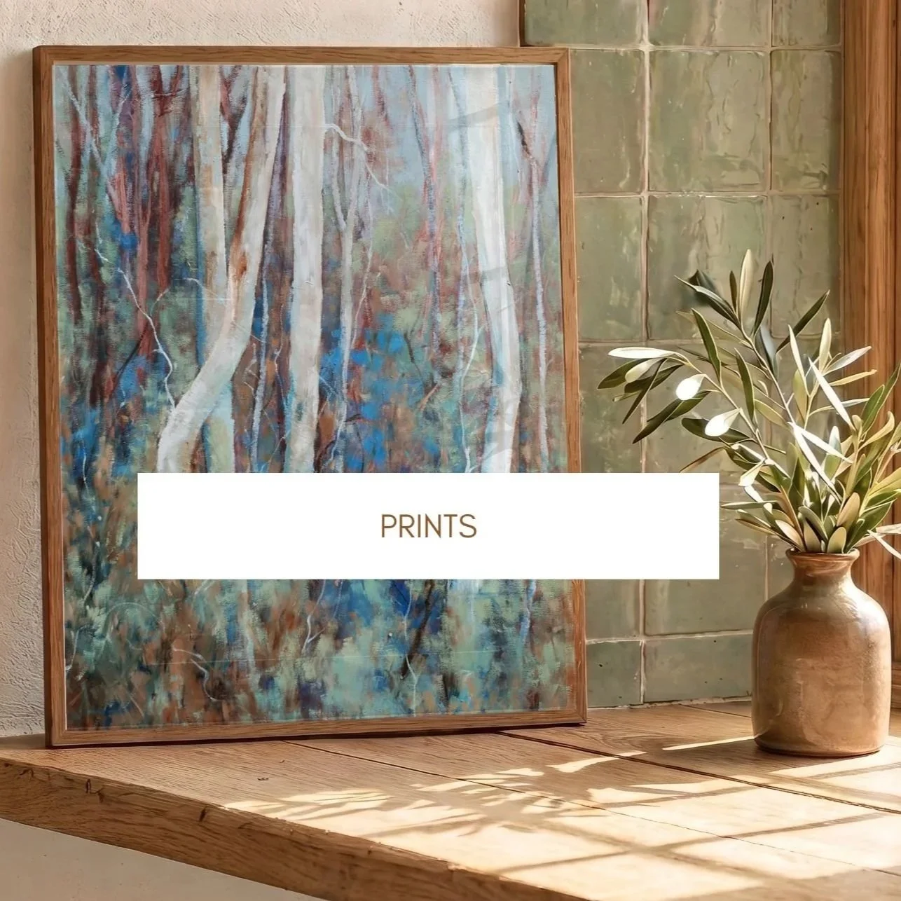 small art print of abstract forest with blue and sage green
