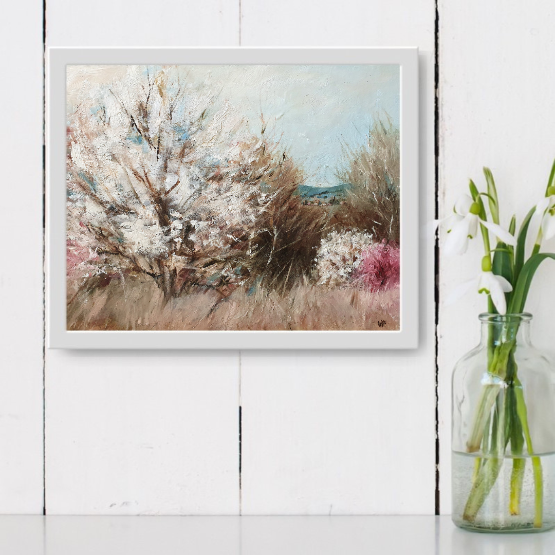 oft abstract landscape in natural earth tones of light brown and white with cherry blossom.