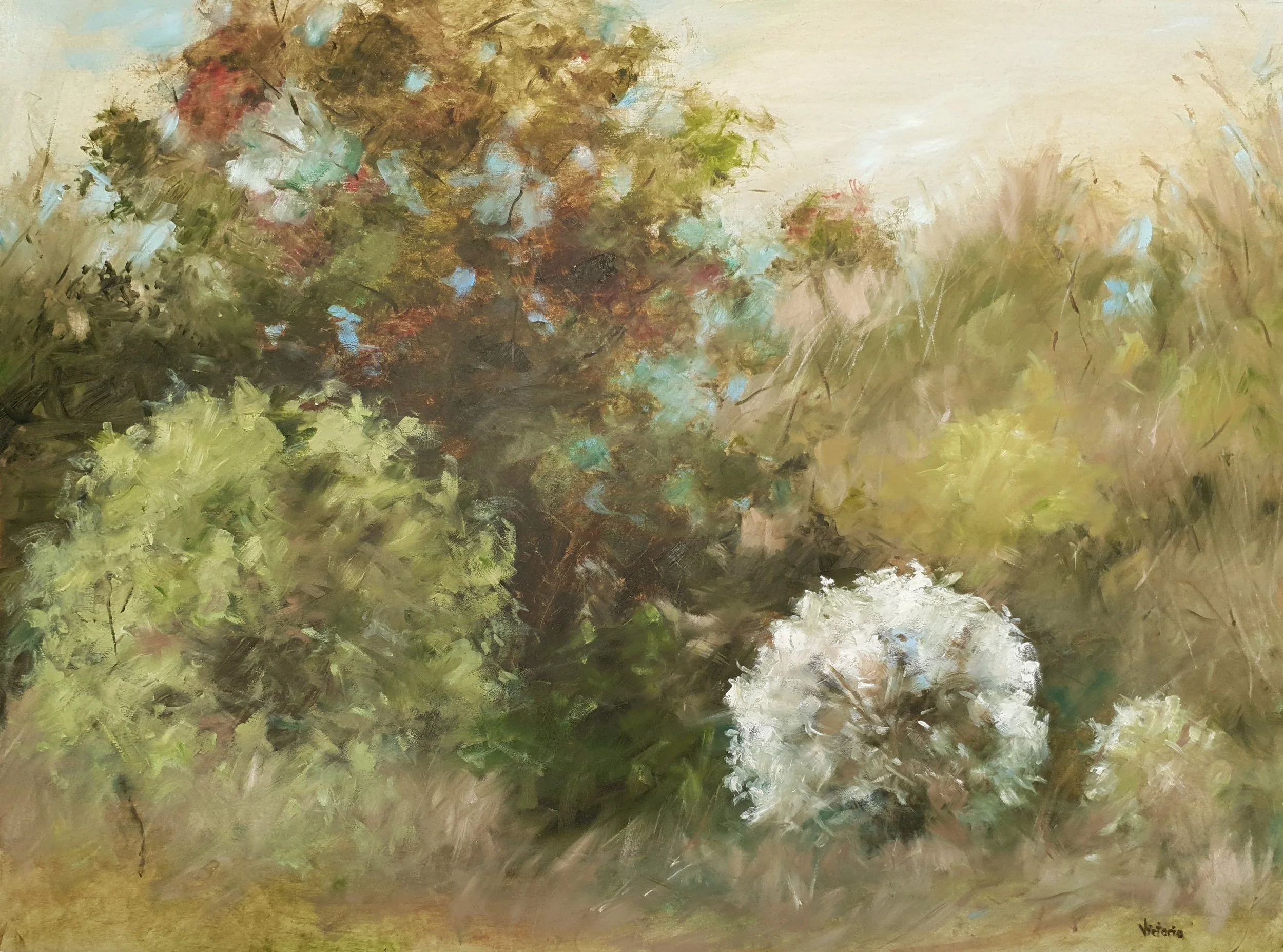 Soft abstract landscape in natural earth tones of green and neutral tones with white cherry blossom.