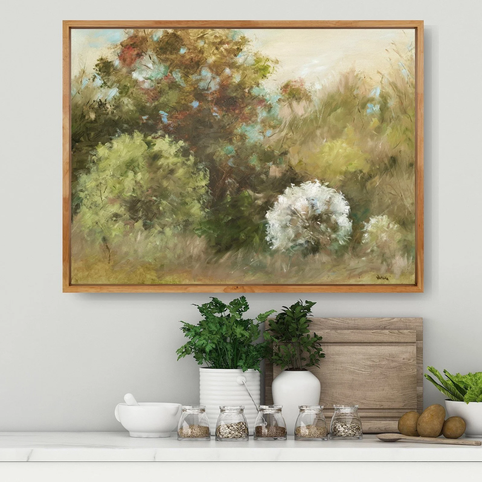 Rustic country kitchen wall art of soft abstract landscape in natural earth tones of green and neutral tones with white cherry blossom.