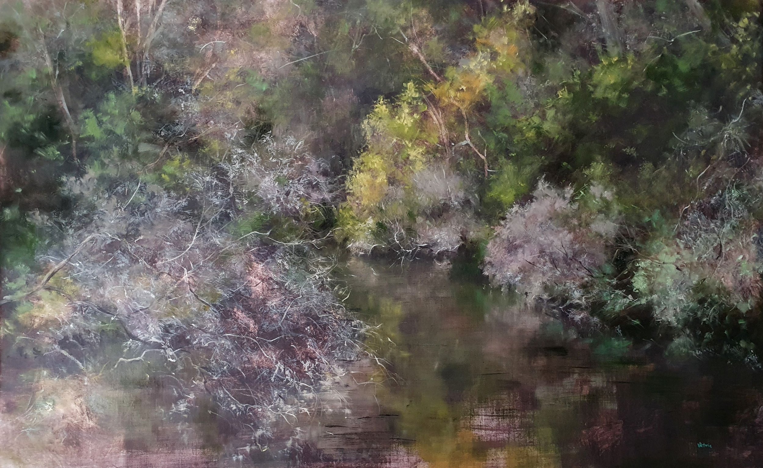 "Stillness", oil on linen, framed, 120x75cm + oak frame. $1700.