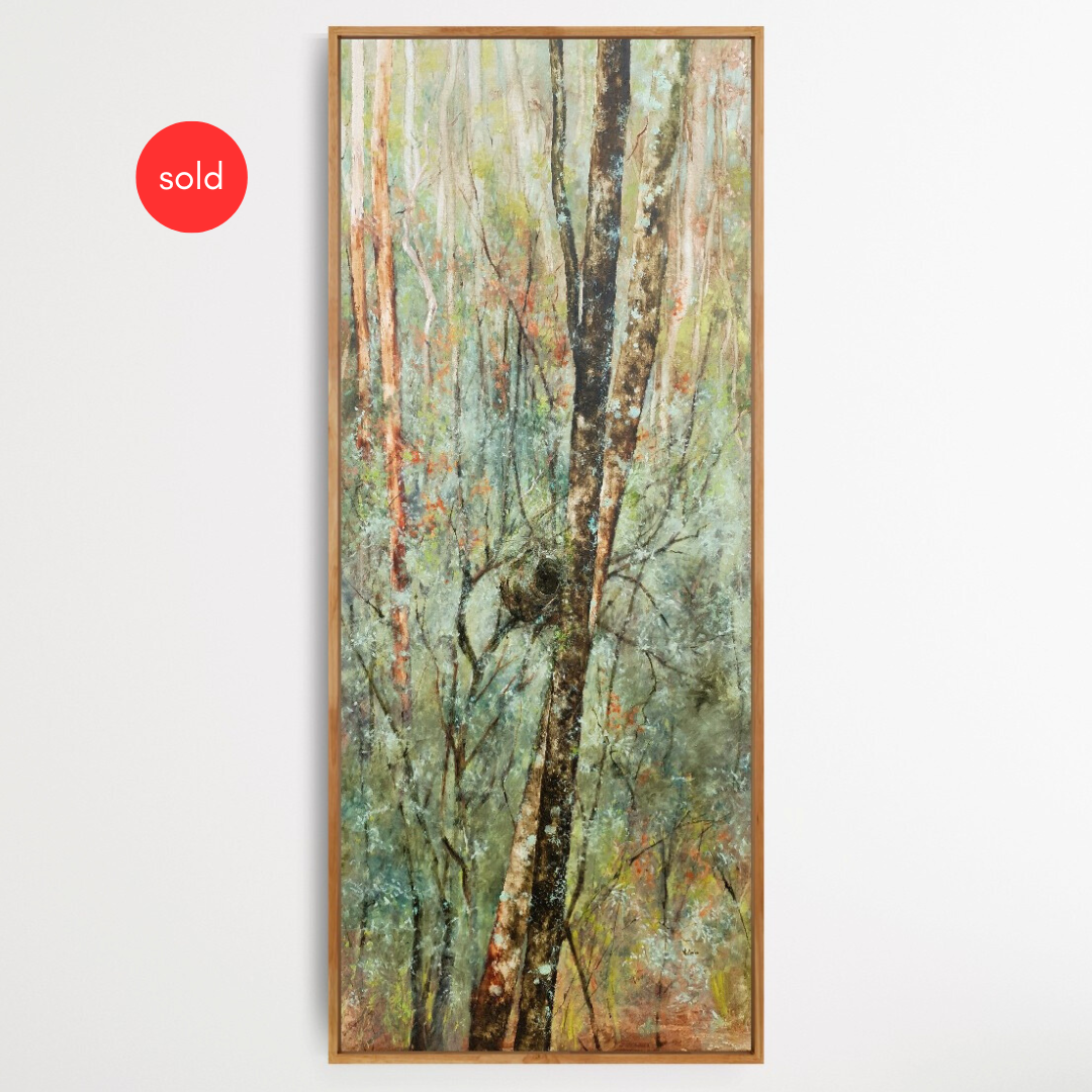 "Hollows 3 - eastern spinebill" oil on unstretched linen. 65x152cm. Sold.