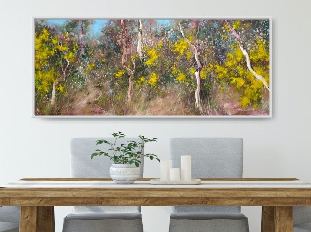 "Wattle Through the Bush", oil on canvas, 60x152cm. Sold.