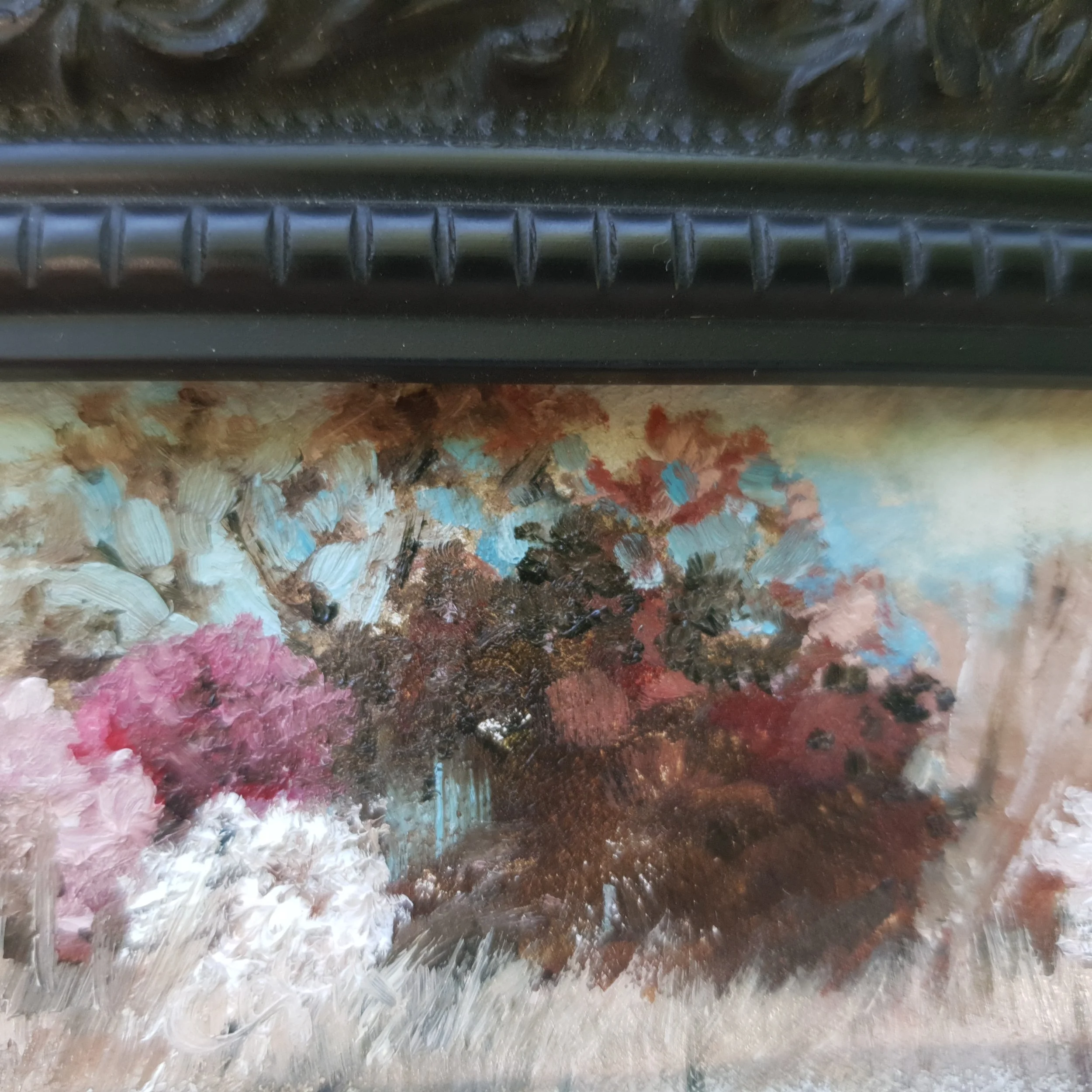 Miniature oil painting in black ornate frame. Soft abstract landscape in natural earth tones of light brown with cherry blossom.