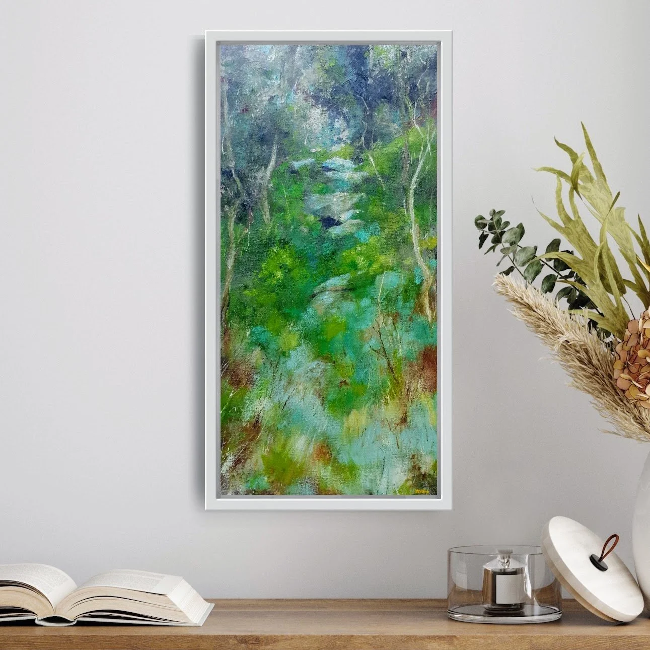 Small narrow oil painting in greens, featuring Australian eucalyptus forest and little waterfall.