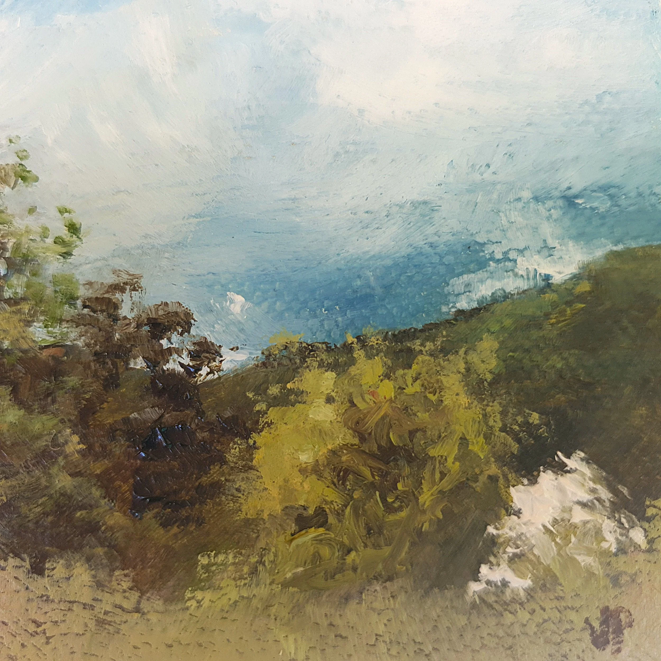 Small square landscape painting in green with cloudy sky and white cherry blossom.