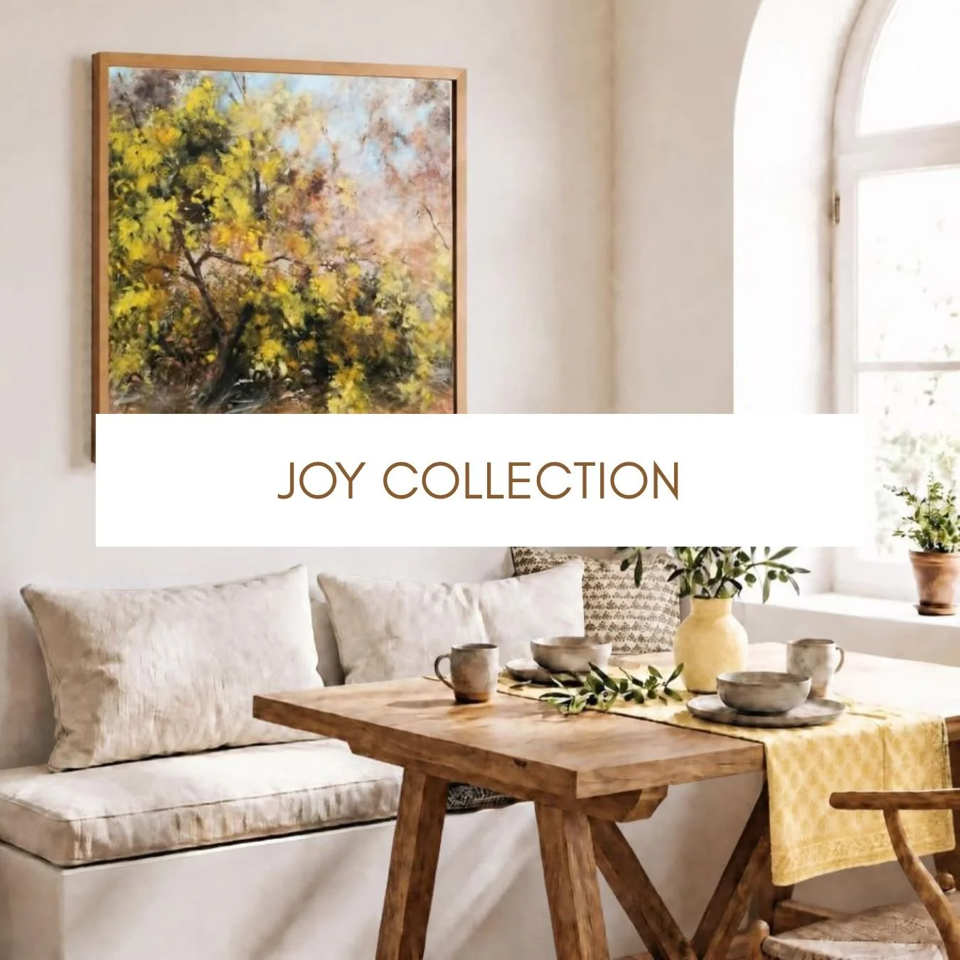 oil painting of yellow wattle in neutral rustic earth tones dining room