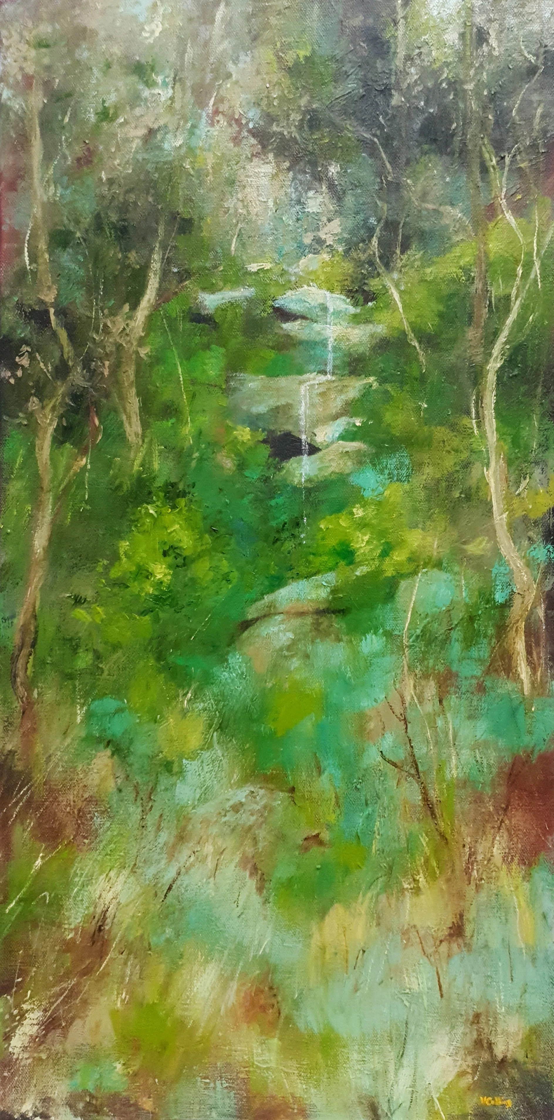 Small narrow oil painting in greens, featuring Australian eucalyptus forest and little waterfall.