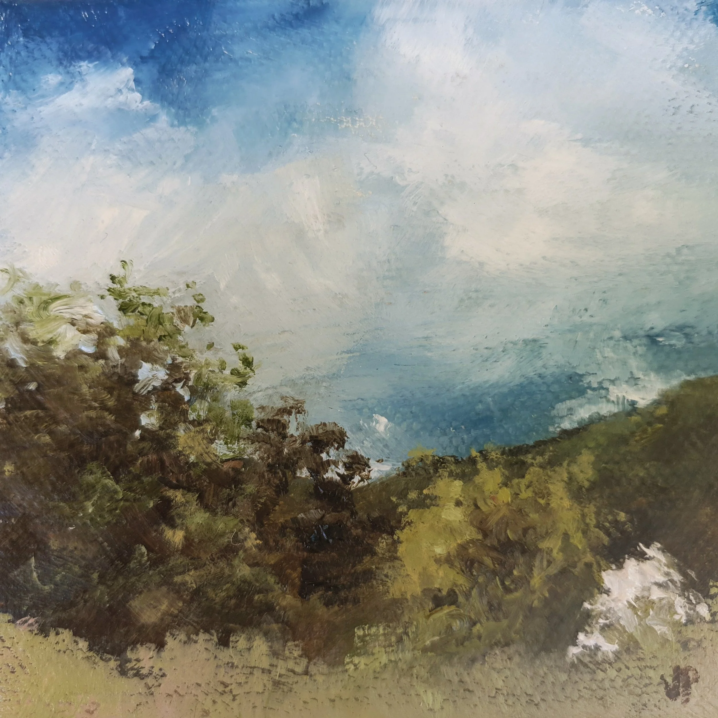 Small square landscape painting in green with cloudy sky and white cherry blossom.