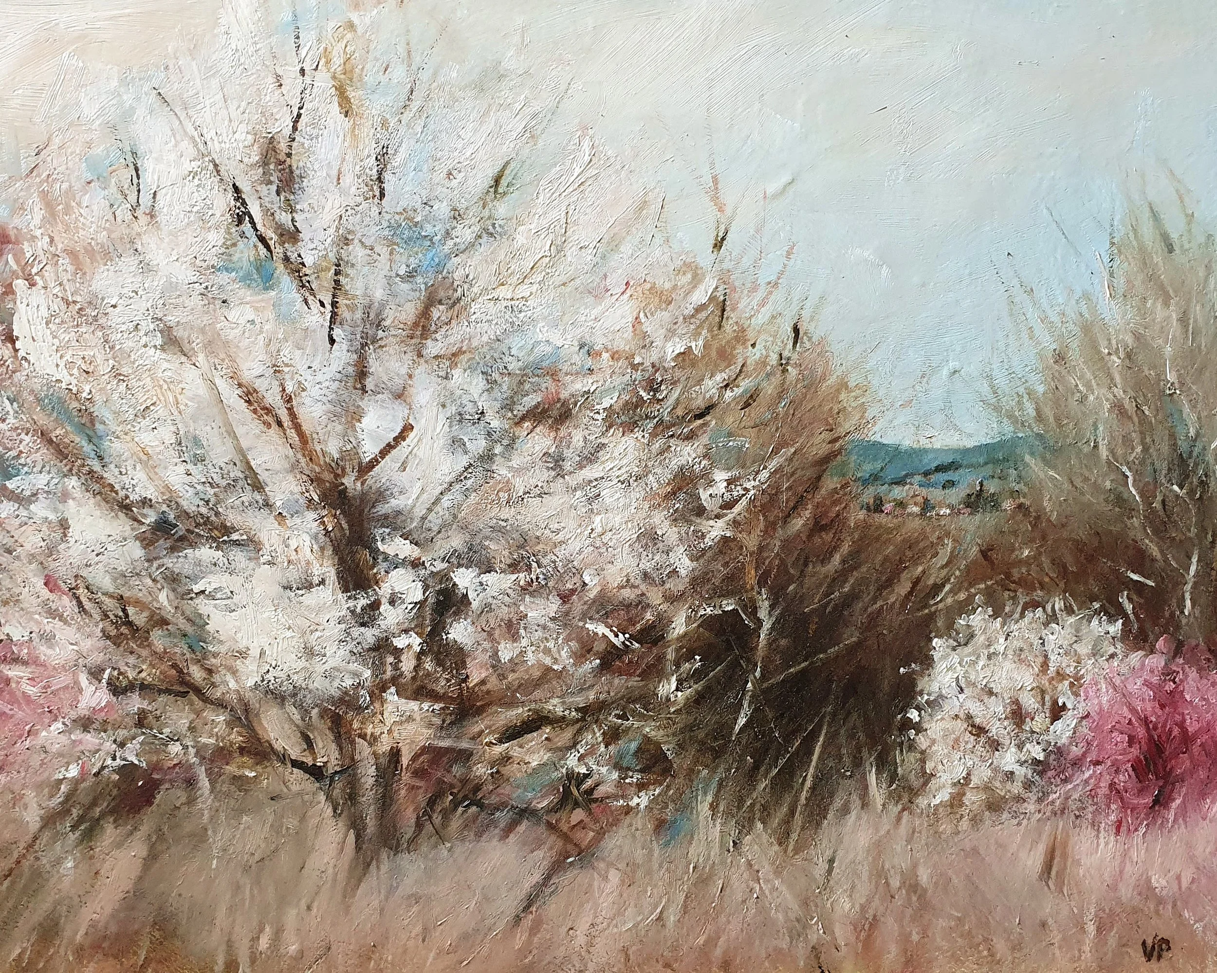 oft abstract landscape in natural earth tones of light brown and white with cherry blossom.
