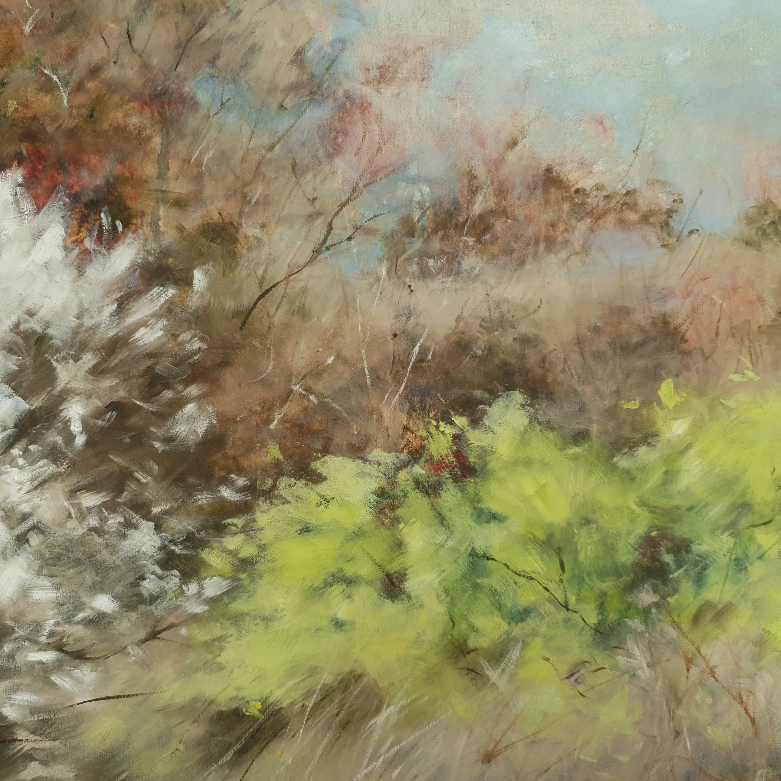 Rustic country style soft landscape in natural earth tones of light brown and white with cherry blossom.