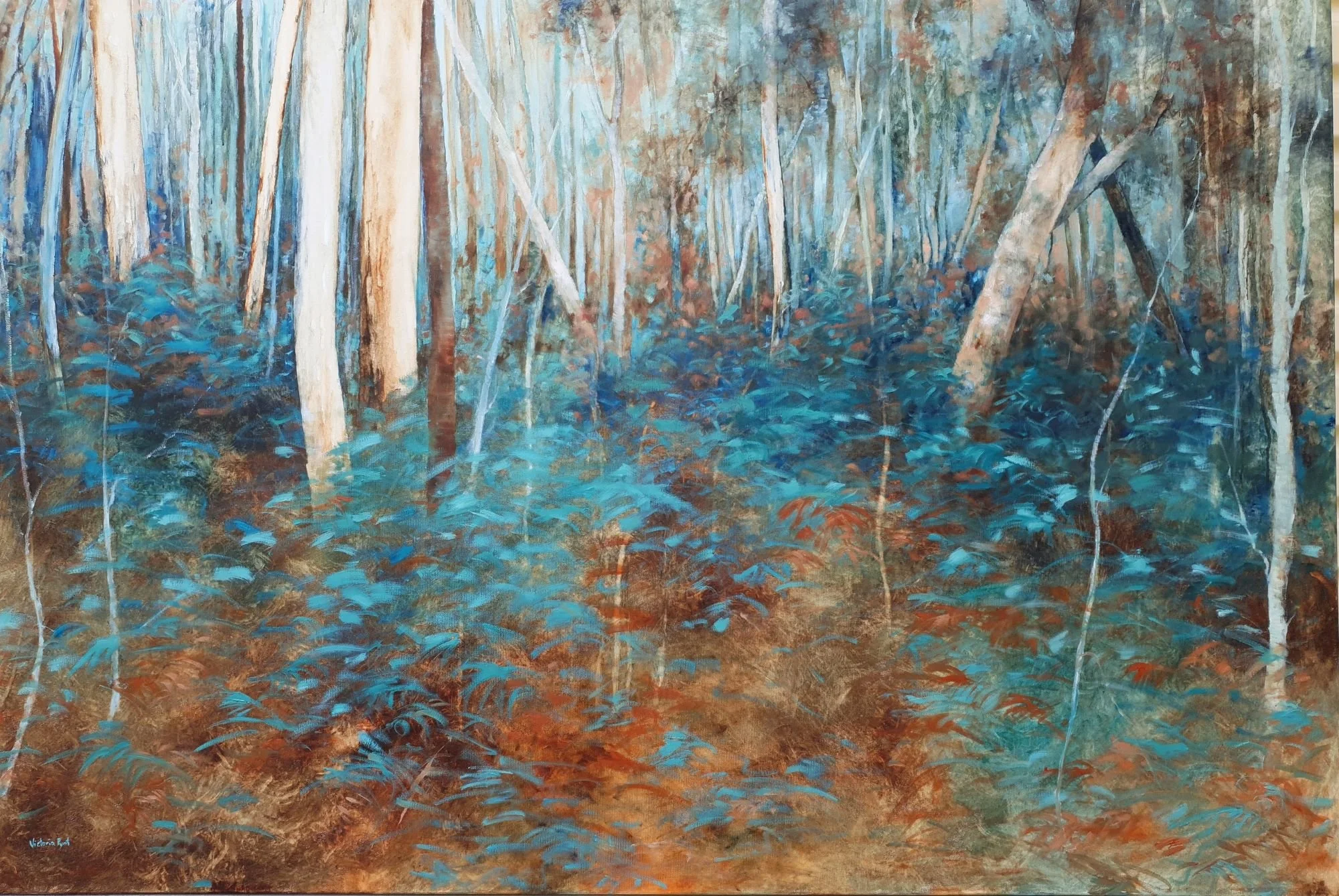 Large abstract nature painting of fern gully with turquoise and blue